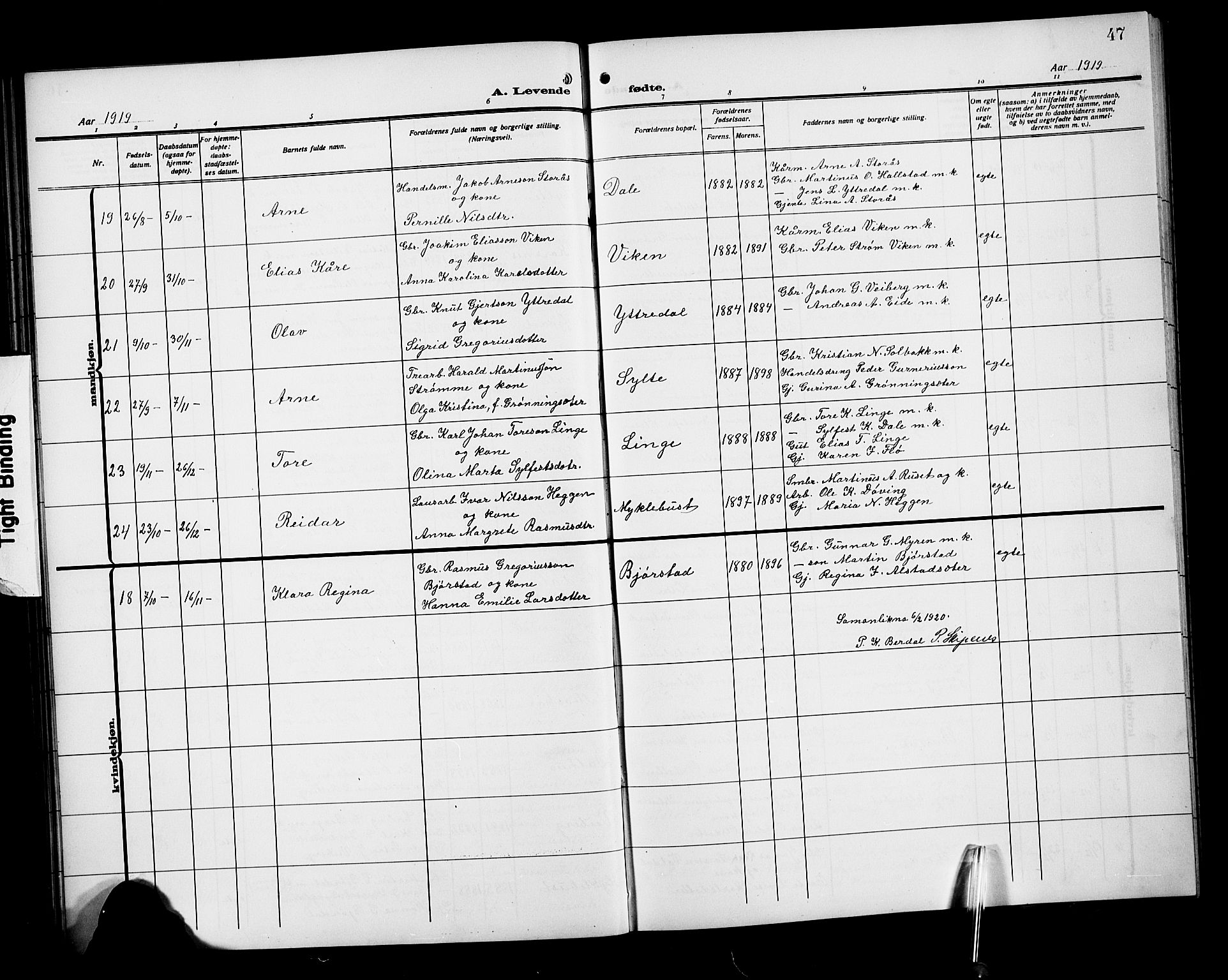 Ministerialprotokoller, klokkerbøker og fødselsregistre - Møre og Romsdal, SAT/A-1454/519/L0265: Parish register (copy) no. 519C06, 1911-1921, p. 47