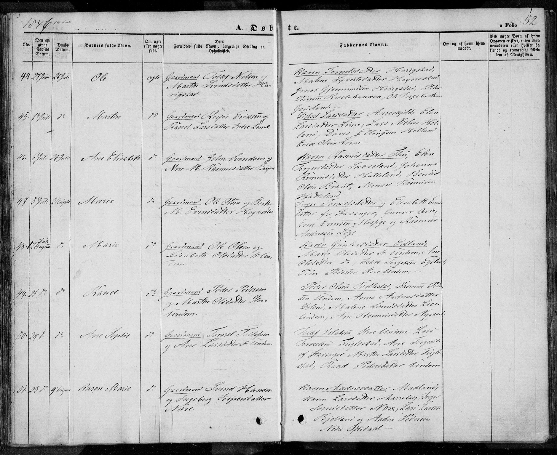 Lye sokneprestkontor, AV/SAST-A-101794/001/30BA/L0005: Parish register (official) no. A 5.1, 1842-1855, p. 52