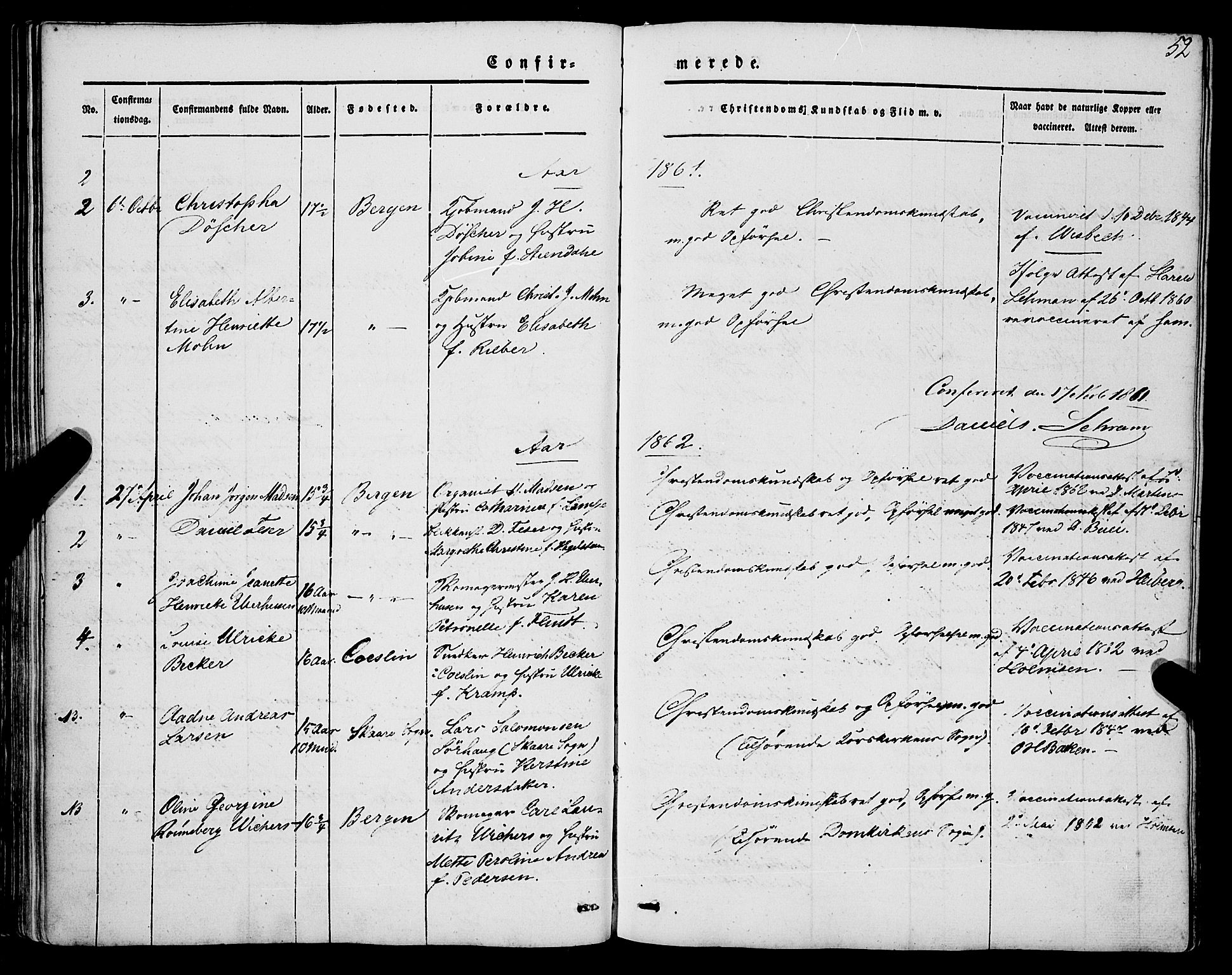 Mariakirken Sokneprestembete, SAB/A-76901/H/Haa/L0006: Parish register (official) no. A 6, 1846-1877, p. 52