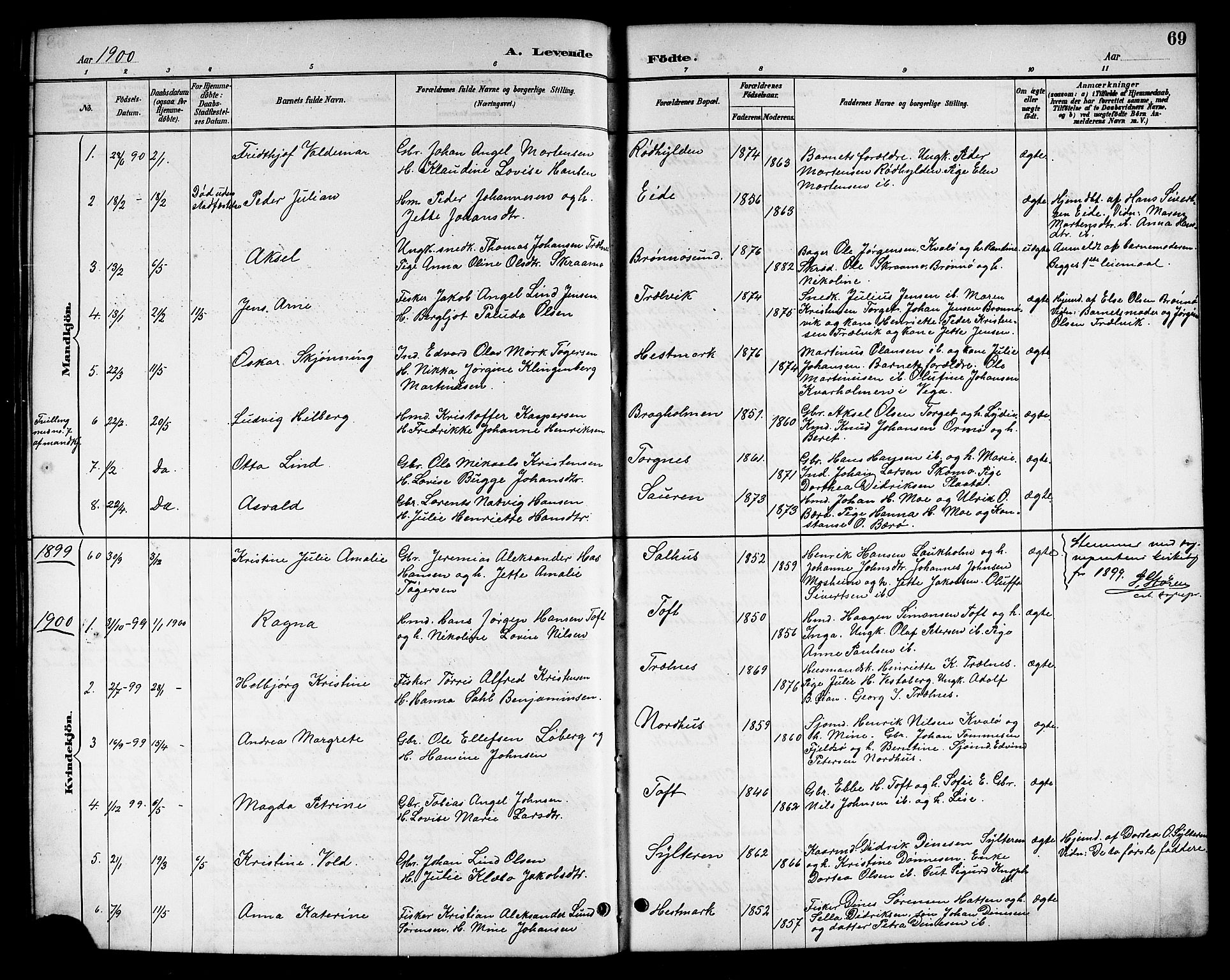 Ministerialprotokoller, klokkerbøker og fødselsregistre - Nordland, SAT/A-1459/813/L0213: Parish register (copy) no. 813C05, 1887-1903, p. 69