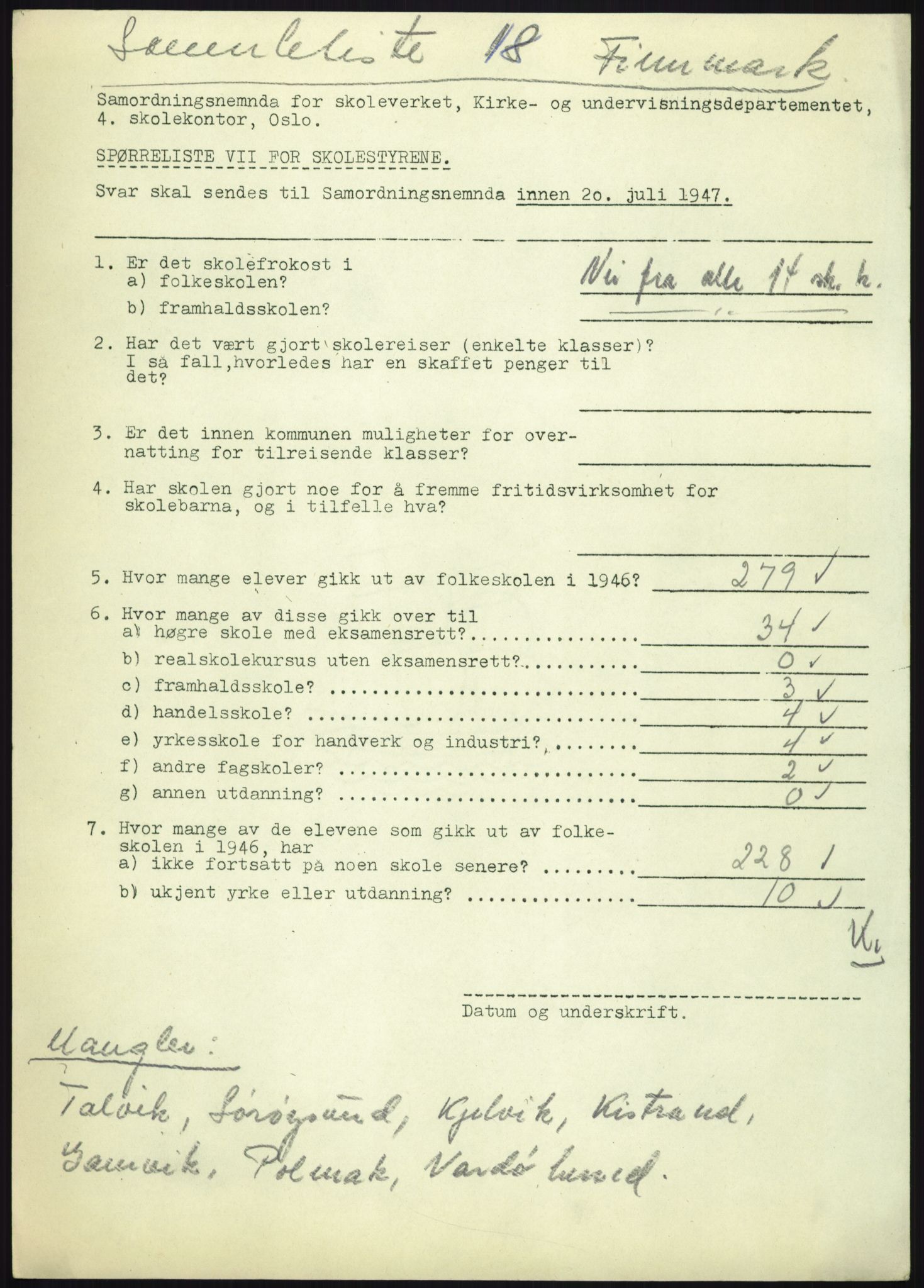 Kirke- og undervisningsdepartementet, Samordningsnemnda for skoleverket, AV/RA-S-1146/D/L0008: Svar på spørreskjema fra kommuner i Nord-Trøndelag, Nordland, Troms og Finnmark, 1947, p. 1074