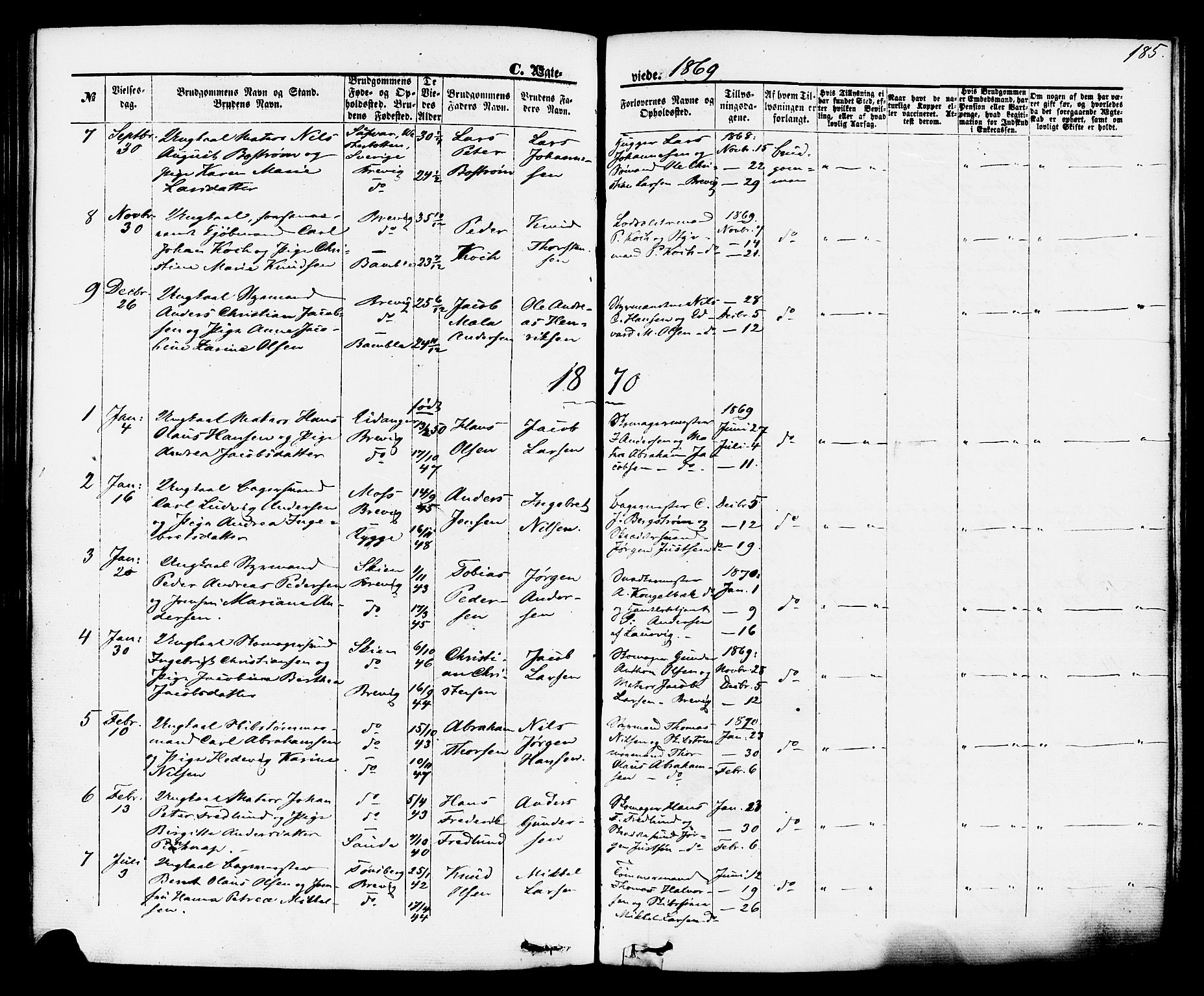 Brevik kirkebøker, SAKO/A-255/F/Fa/L0006: Parish register (official) no. 6, 1866-1881, p. 185