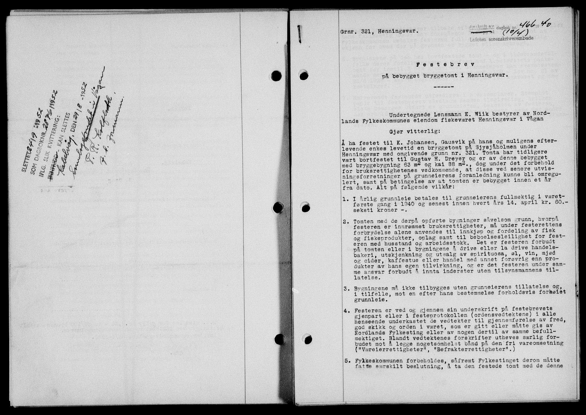Lofoten sorenskriveri, SAT/A-0017/1/2/2C/L0007a: Mortgage book no. 7a, 1939-1940, Diary no: : 466/1940