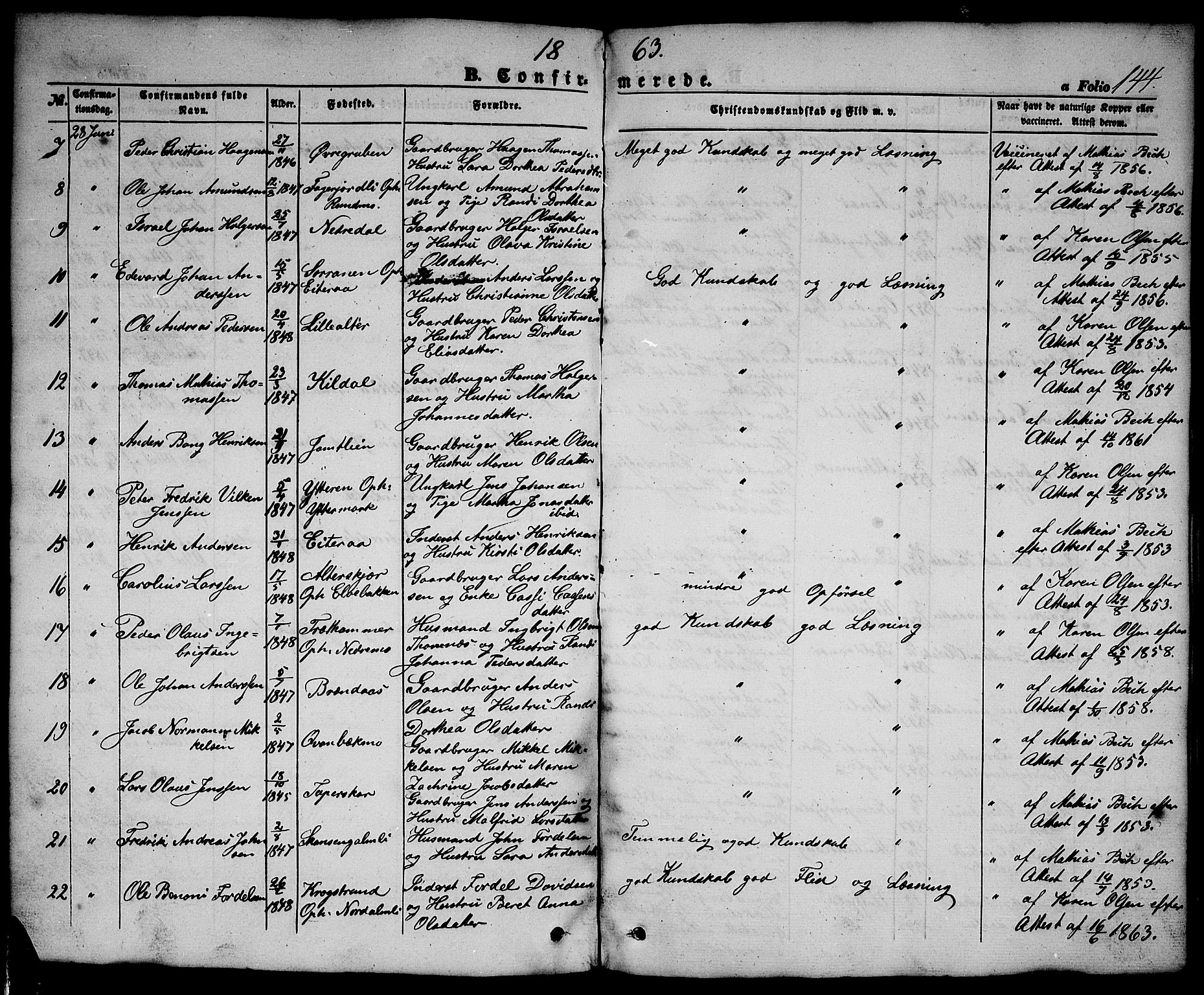 Ministerialprotokoller, klokkerbøker og fødselsregistre - Nordland, SAT/A-1459/827/L0414: Parish register (copy) no. 827C03, 1853-1865, p. 144