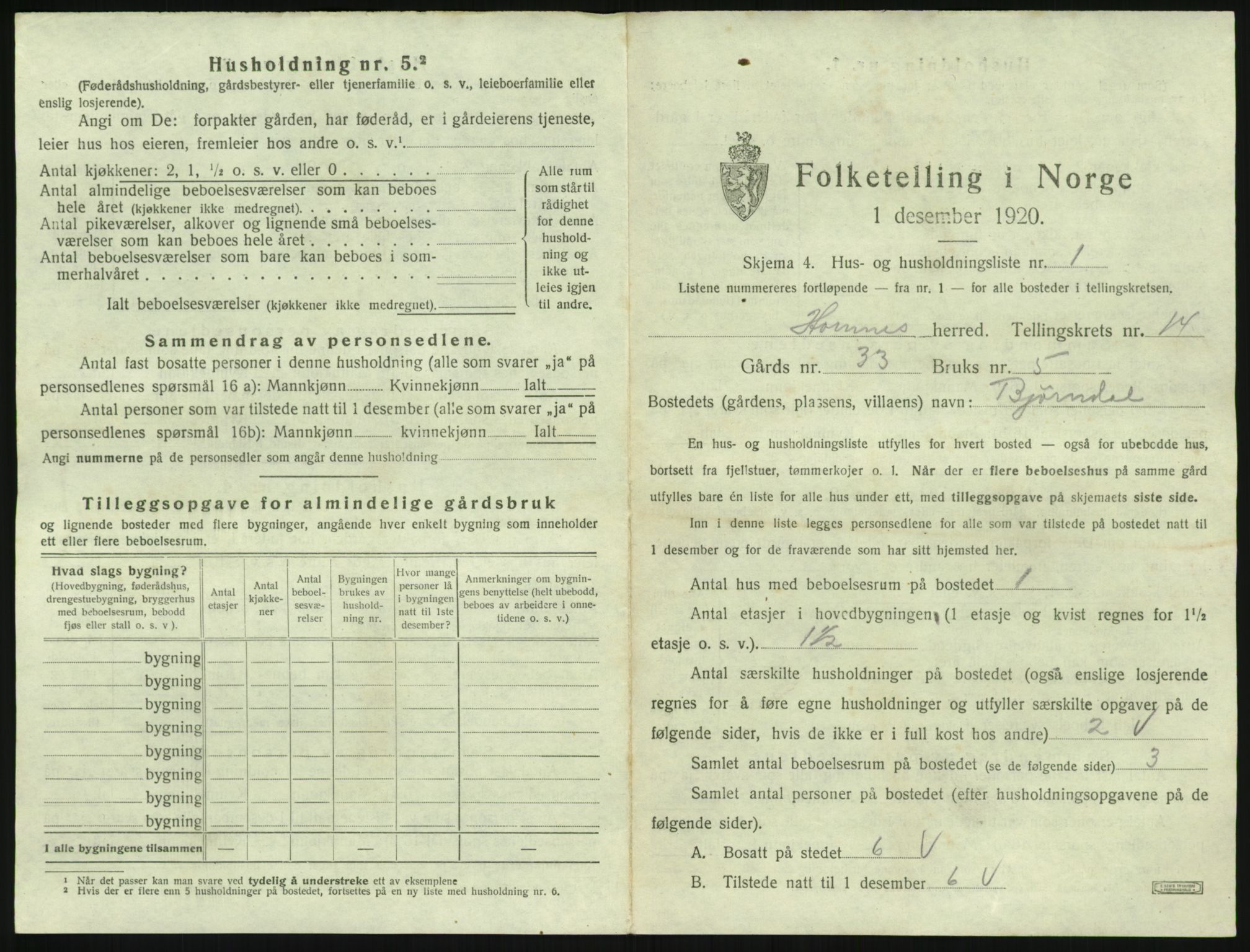 SAK, 1920 census for Hornnes, 1920, p. 539