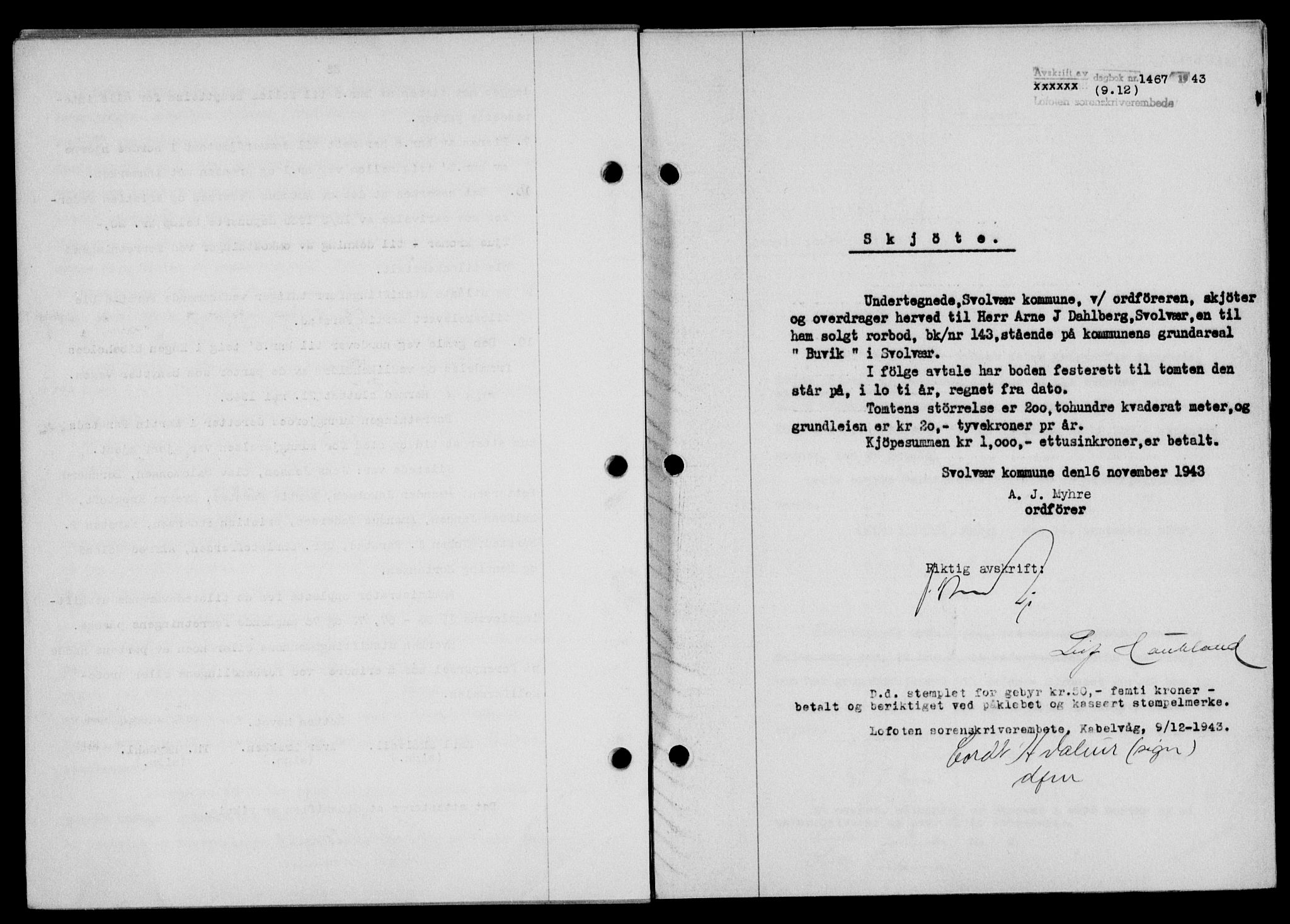 Lofoten sorenskriveri, SAT/A-0017/1/2/2C/L0012a: Mortgage book no. 12a, 1943-1944, Diary no: : 1467/1943