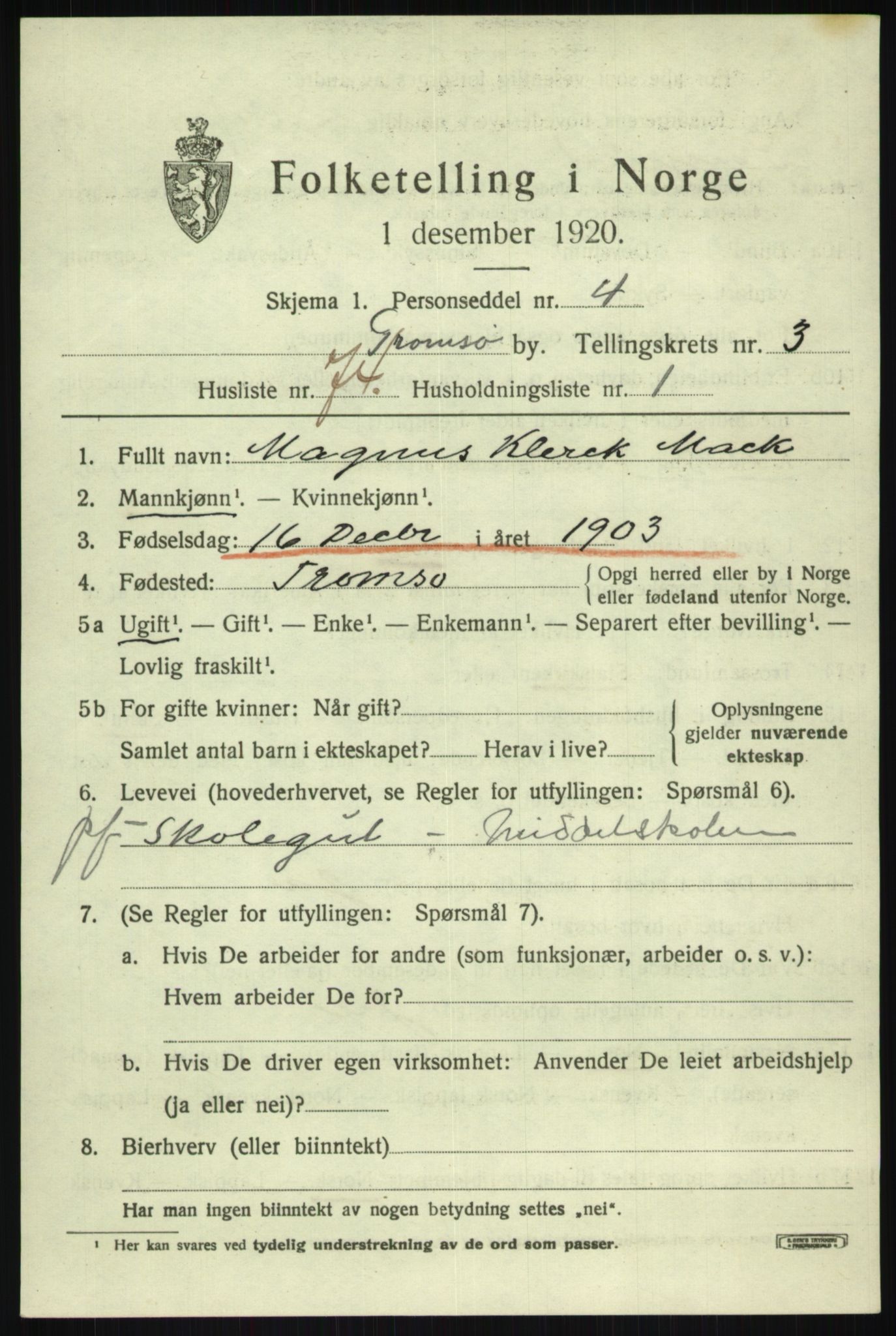 SATØ, 1920 census for Tromsø, 1920, p. 11599