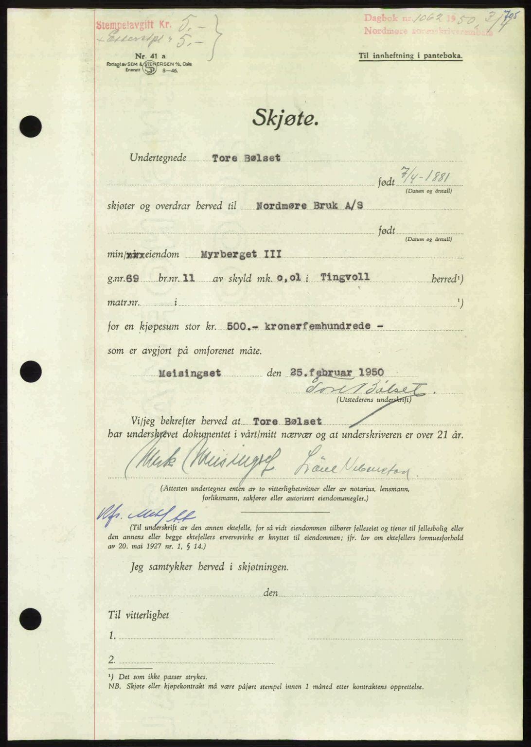 Nordmøre sorenskriveri, AV/SAT-A-4132/1/2/2Ca: Mortgage book no. A114, 1950-1950, Diary no: : 1062/1950