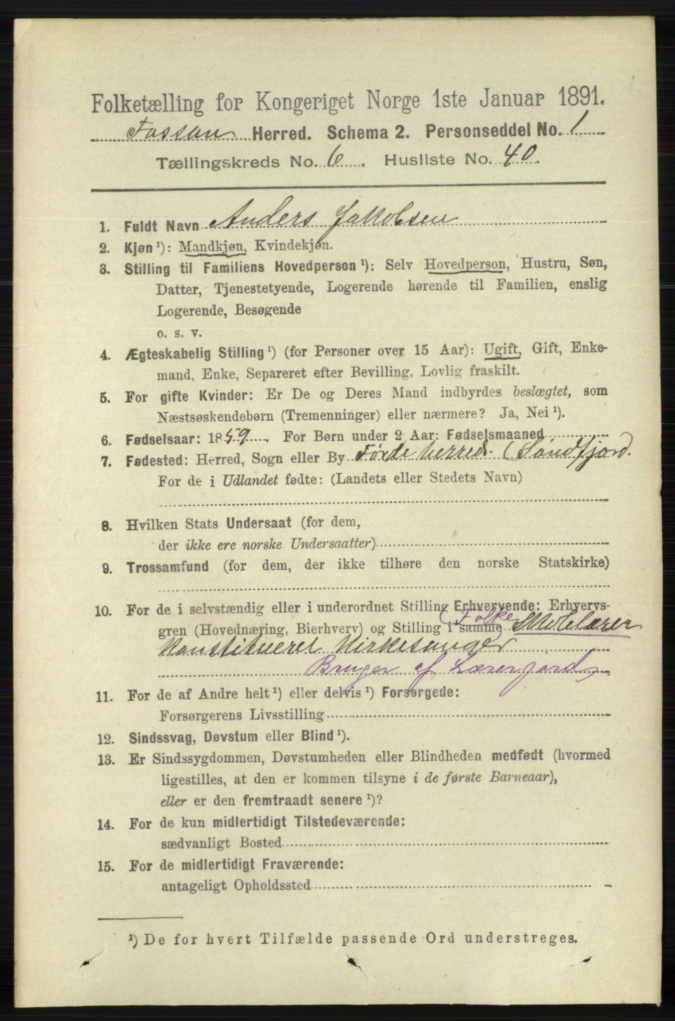 RA, 1891 census for 1129 Forsand, 1891, p. 1186