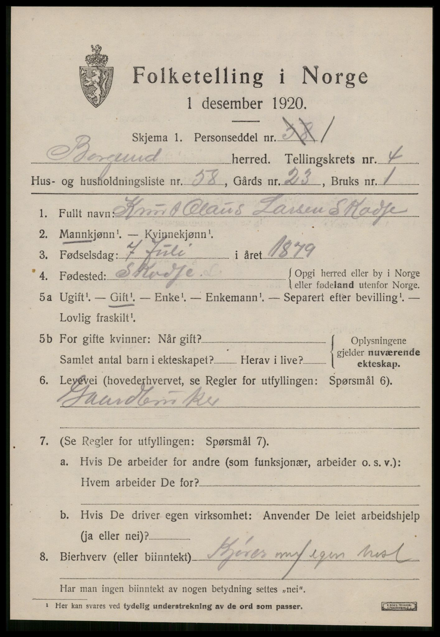 SAT, 1920 census for Borgund, 1920, p. 4600