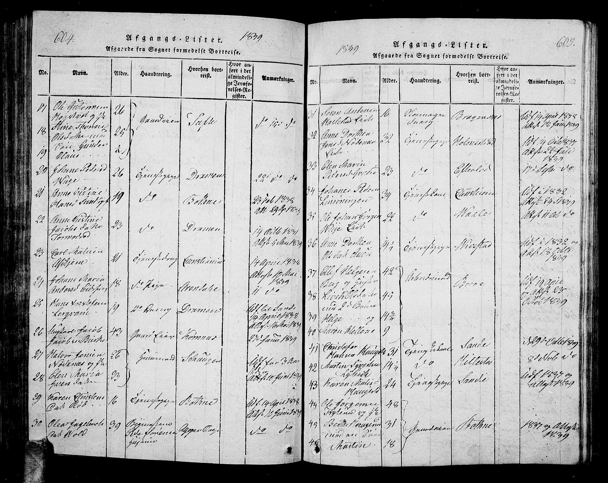 Hof kirkebøker, AV/SAKO-A-64/G/Ga/L0001: Parish register (copy) no. I 1, 1814-1844, p. 604-605