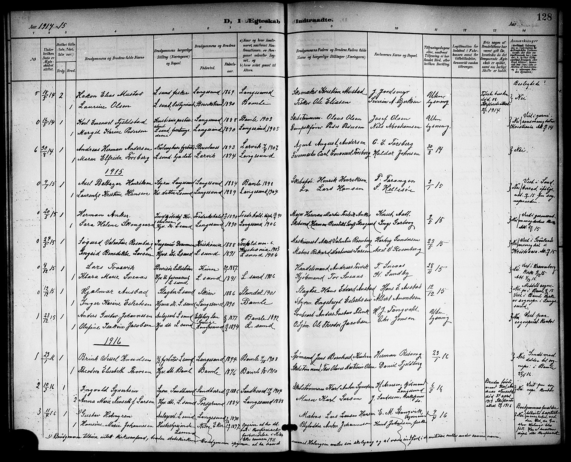 Langesund kirkebøker, SAKO/A-280/G/Ga/L0006: Parish register (copy) no. 6, 1899-1918, p. 128