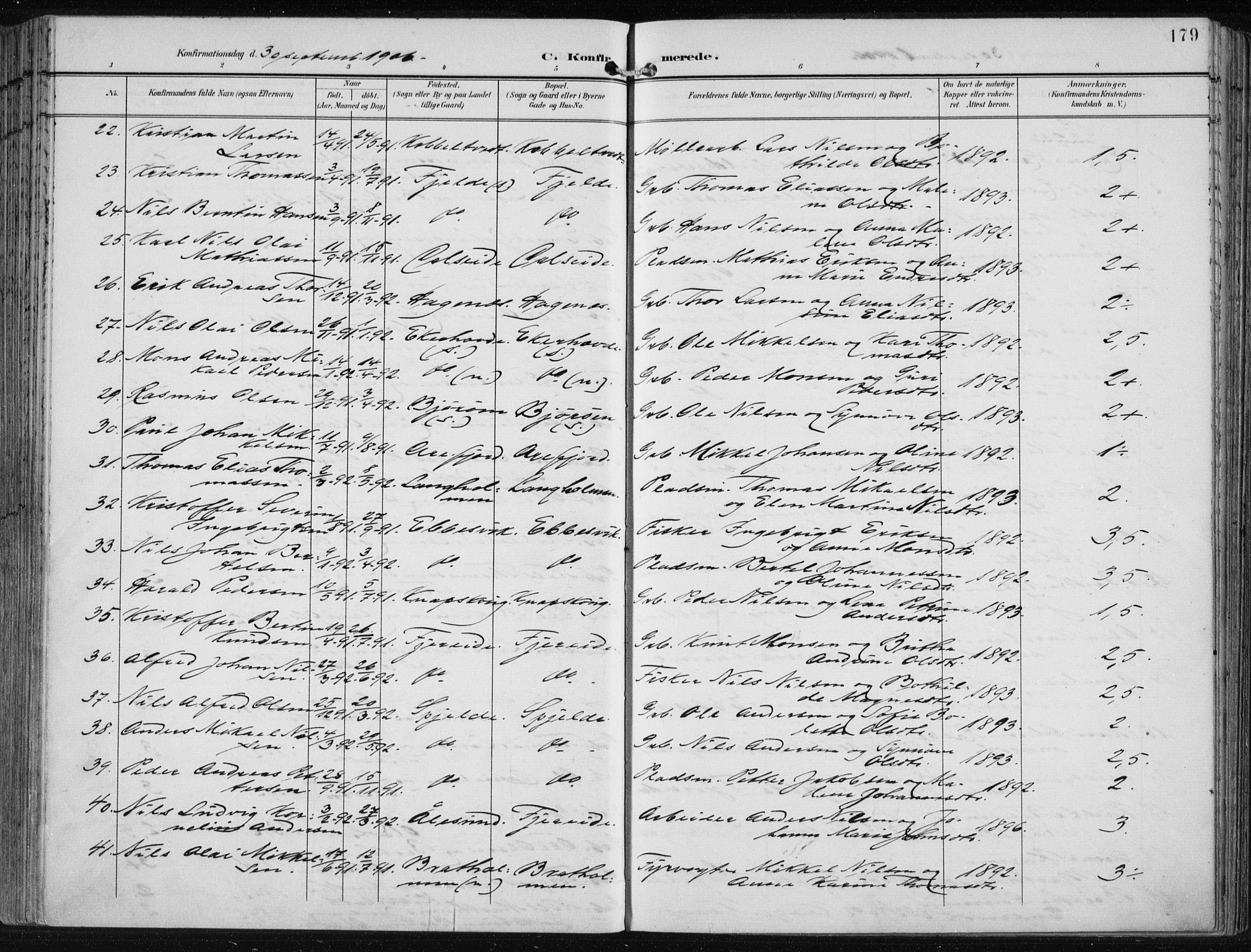 Fjell sokneprestembete, SAB/A-75301/H/Haa: Parish register (official) no. A  9, 1899-1910, p. 179