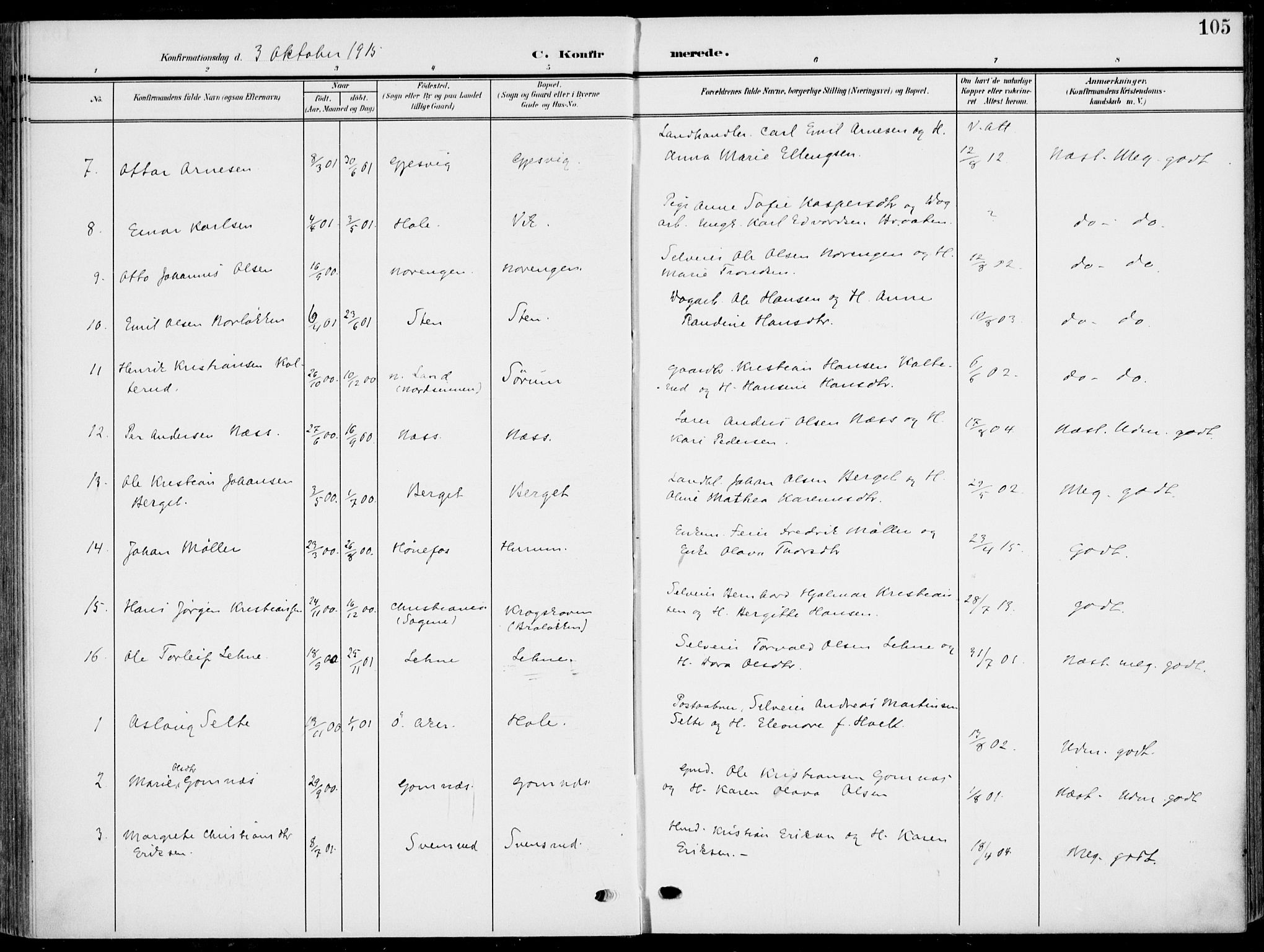 Hole kirkebøker, SAKO/A-228/F/Fa/L0010: Parish register (official) no. I 10, 1907-1917, p. 105