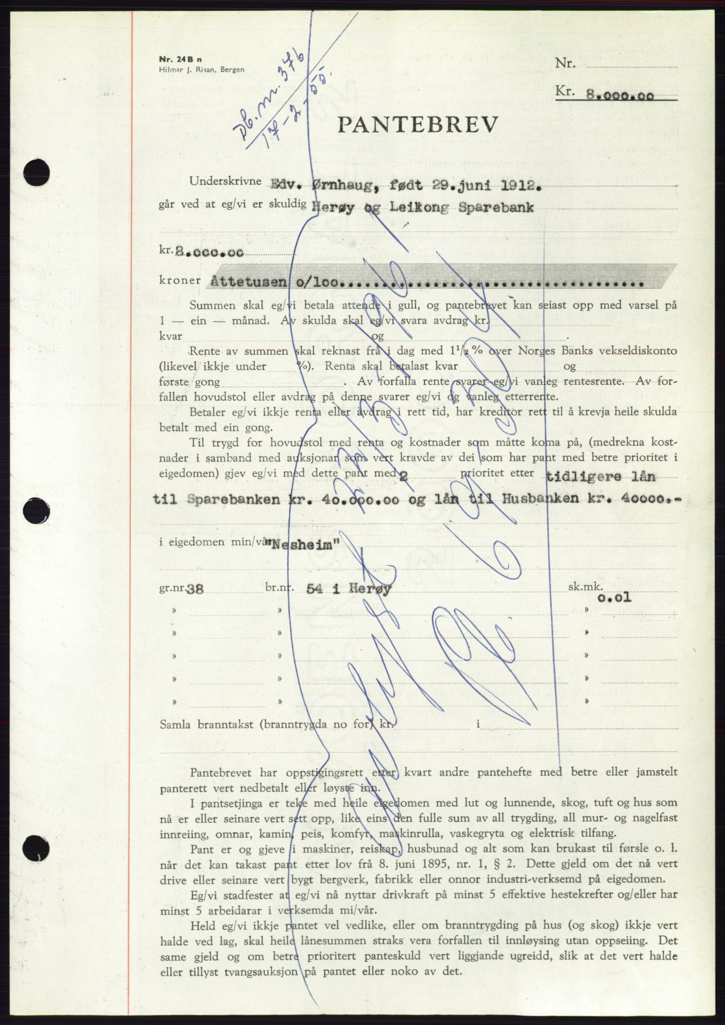 Søre Sunnmøre sorenskriveri, AV/SAT-A-4122/1/2/2C/L0126: Mortgage book no. 14B, 1954-1955, Diary no: : 376/1955