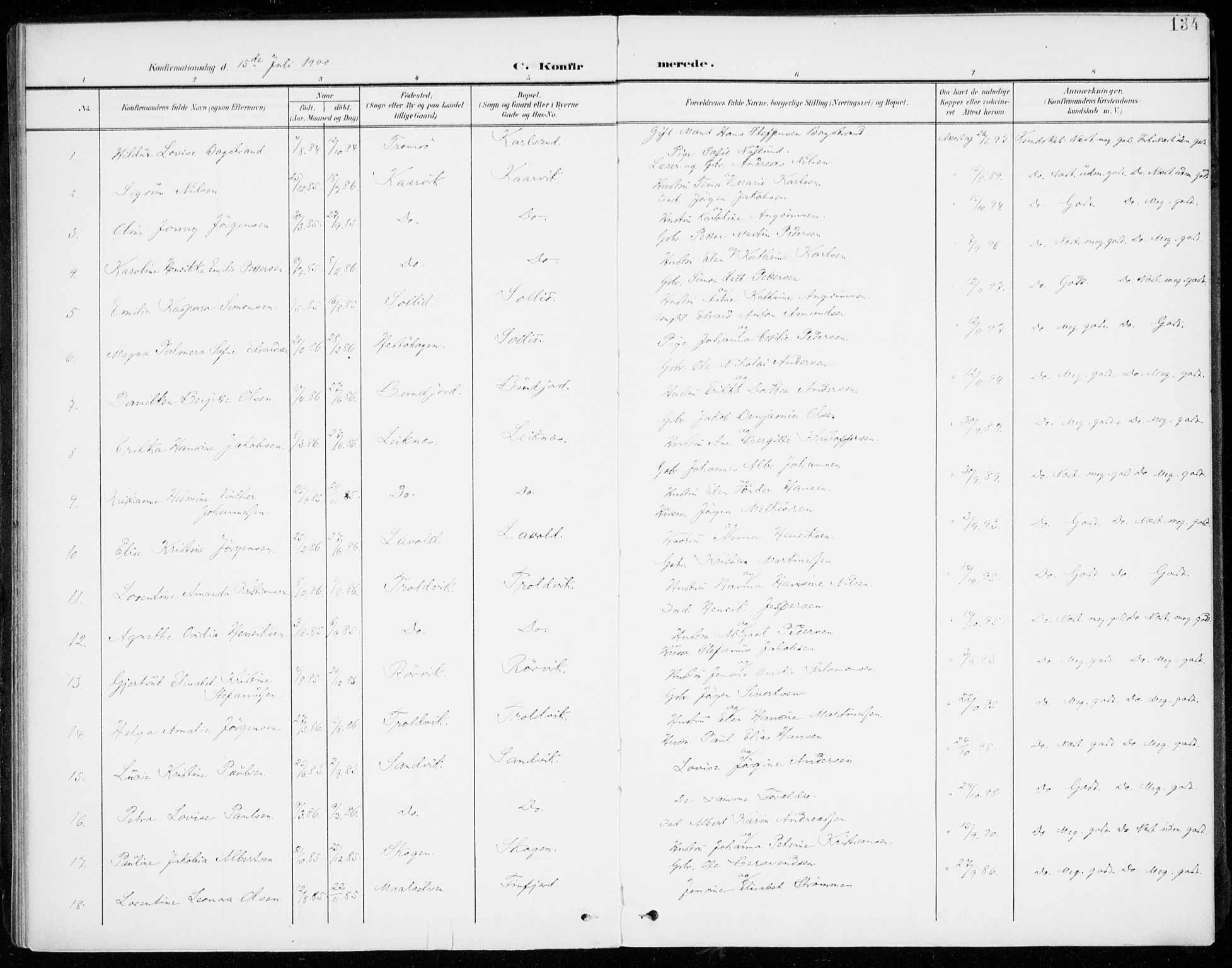 Lenvik sokneprestembete, AV/SATØ-S-1310/H/Ha/Haa/L0014kirke: Parish register (official) no. 14, 1899-1909, p. 134