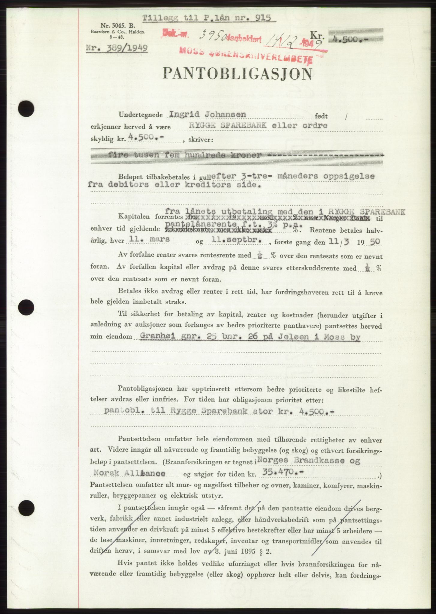 Moss sorenskriveri, SAO/A-10168: Mortgage book no. B23, 1949-1950, Diary no: : 3950/1949