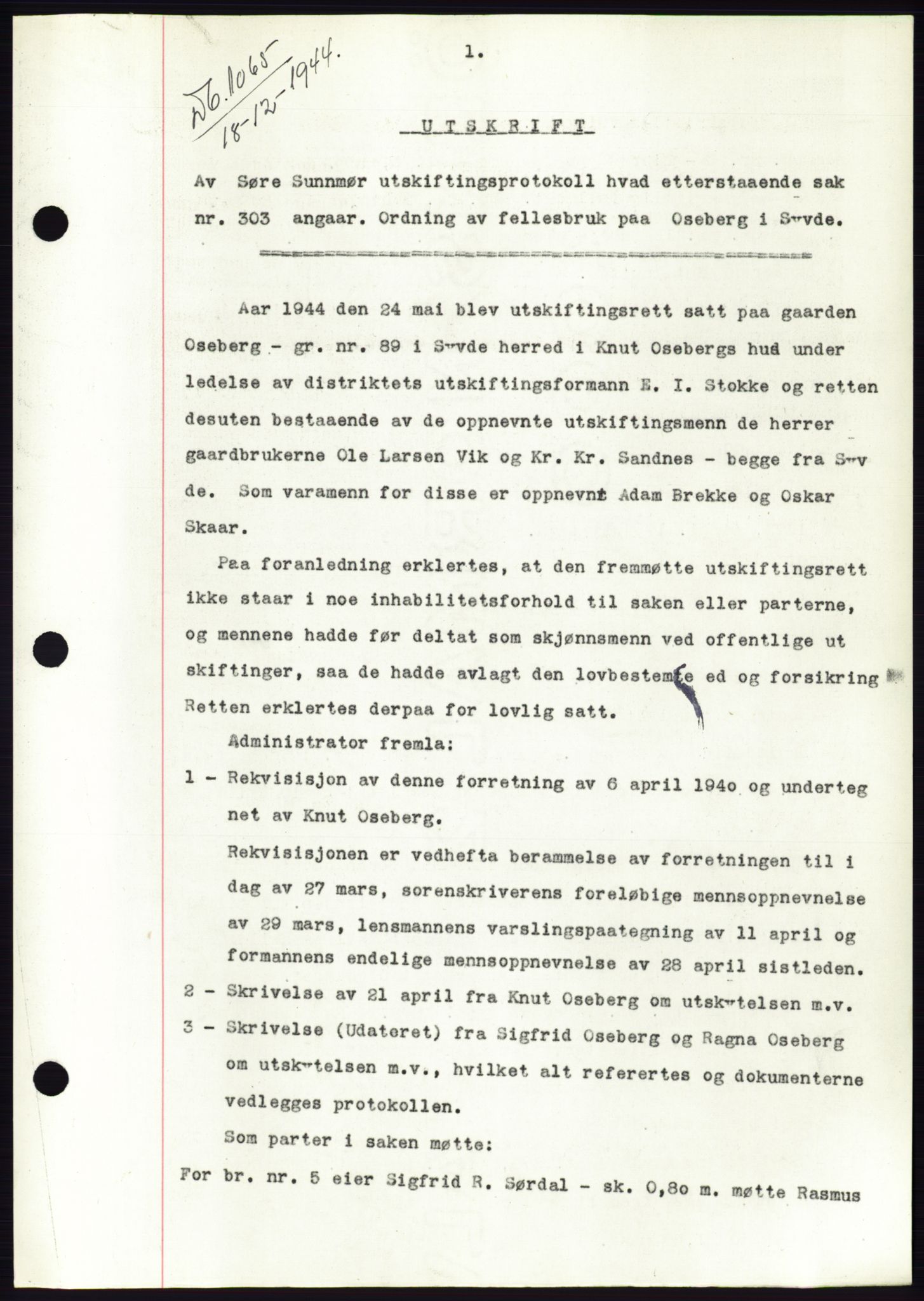 Søre Sunnmøre sorenskriveri, SAT/A-4122/1/2/2C/L0076: Mortgage book no. 2A, 1943-1944, Diary no: : 1065/1944