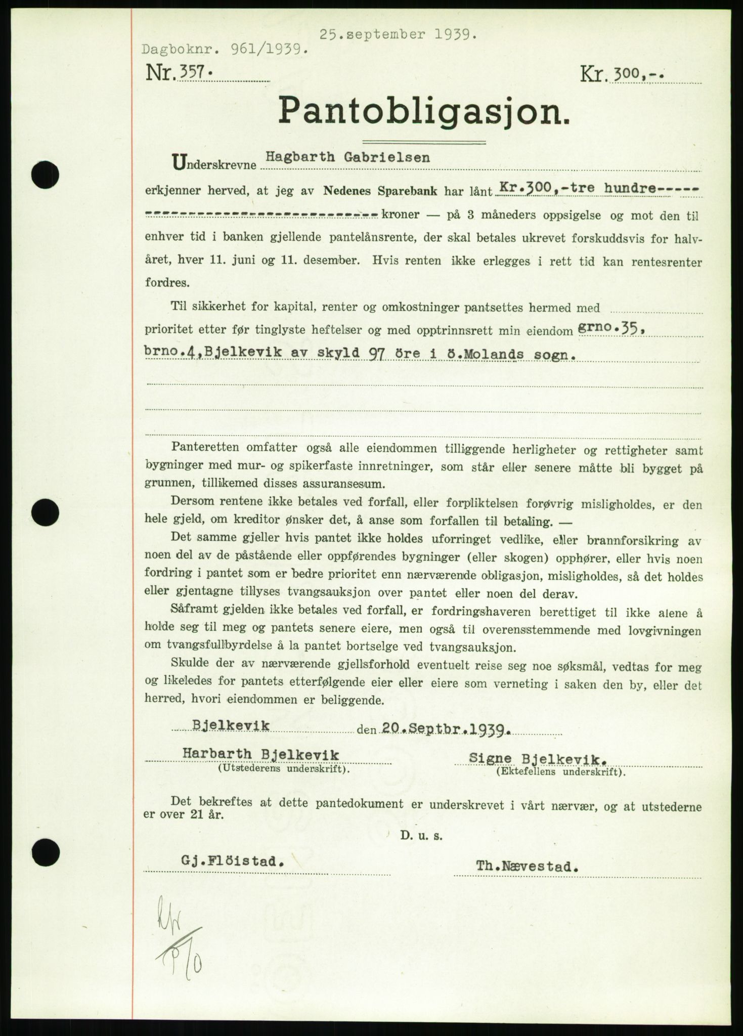 Nedenes sorenskriveri, AV/SAK-1221-0006/G/Gb/Gbb/L0001: Mortgage book no. I, 1939-1942, Diary no: : 961/1939