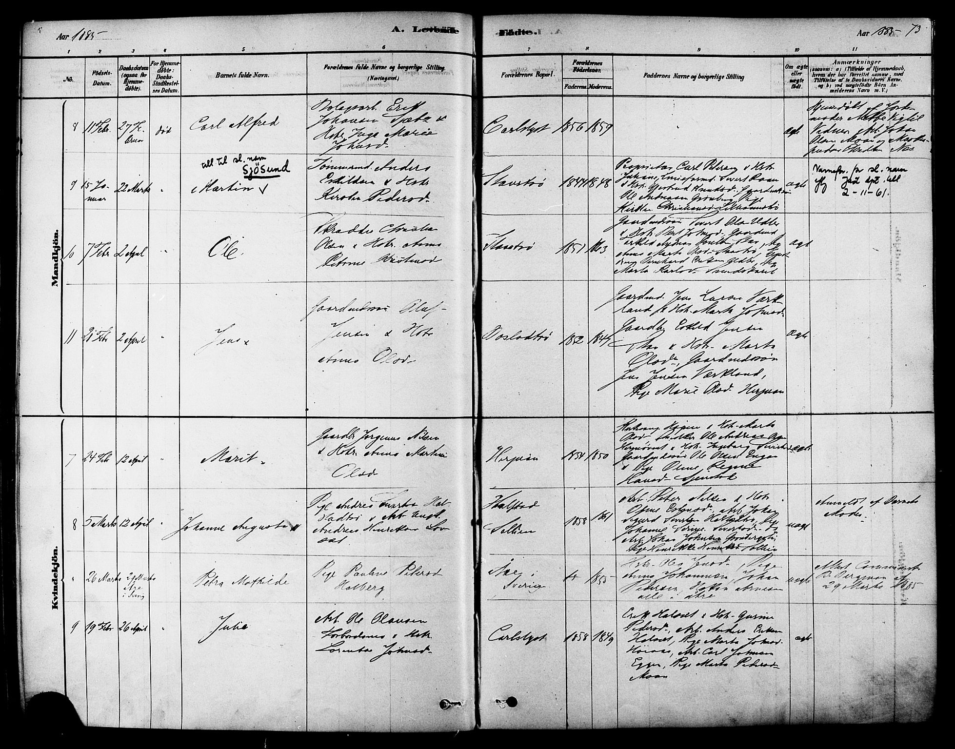 Ministerialprotokoller, klokkerbøker og fødselsregistre - Sør-Trøndelag, AV/SAT-A-1456/616/L0410: Parish register (official) no. 616A07, 1878-1893, p. 73