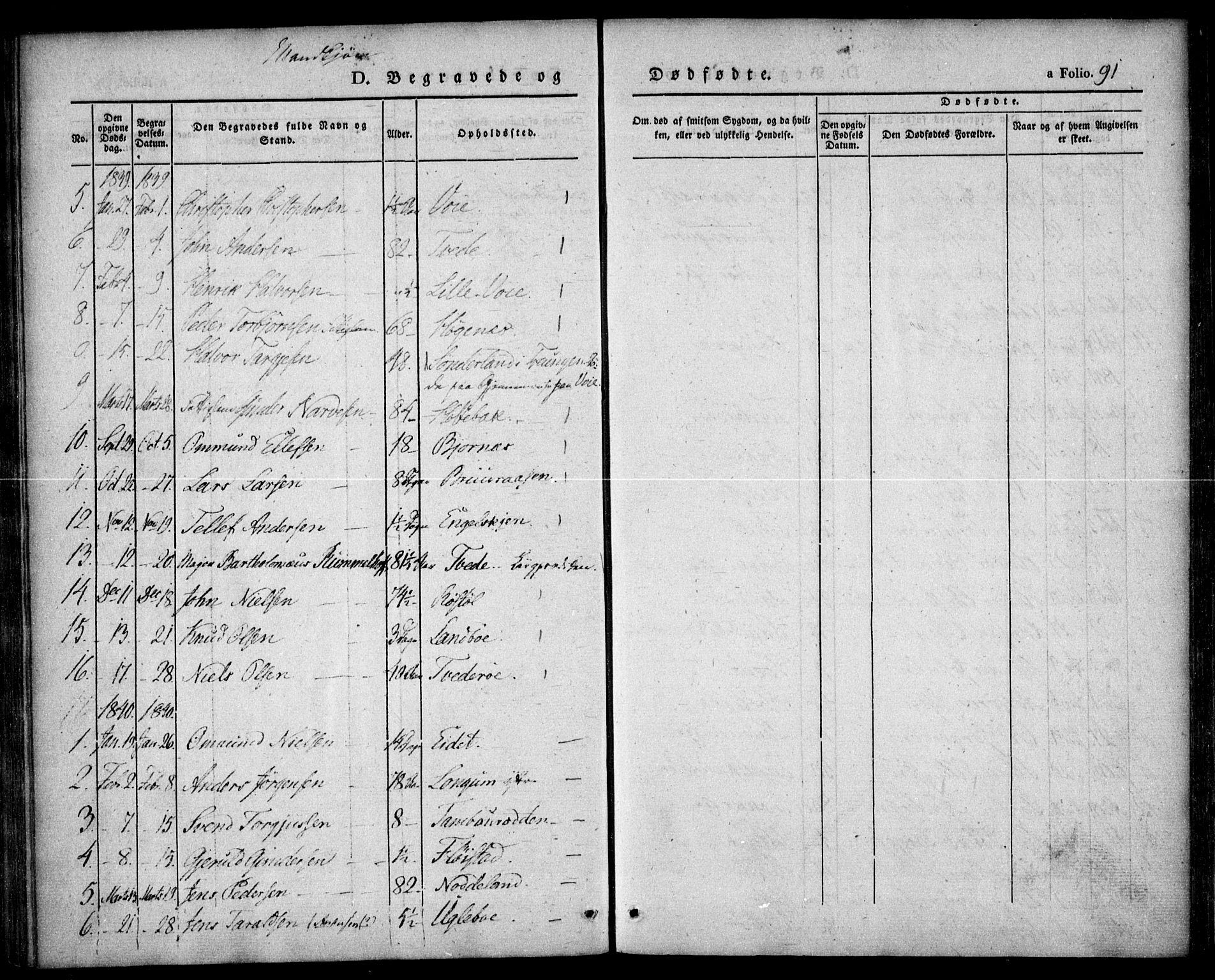 Austre Moland sokneprestkontor, SAK/1111-0001/F/Fa/Faa/L0006: Parish register (official) no. A 6, 1837-1846, p. 91