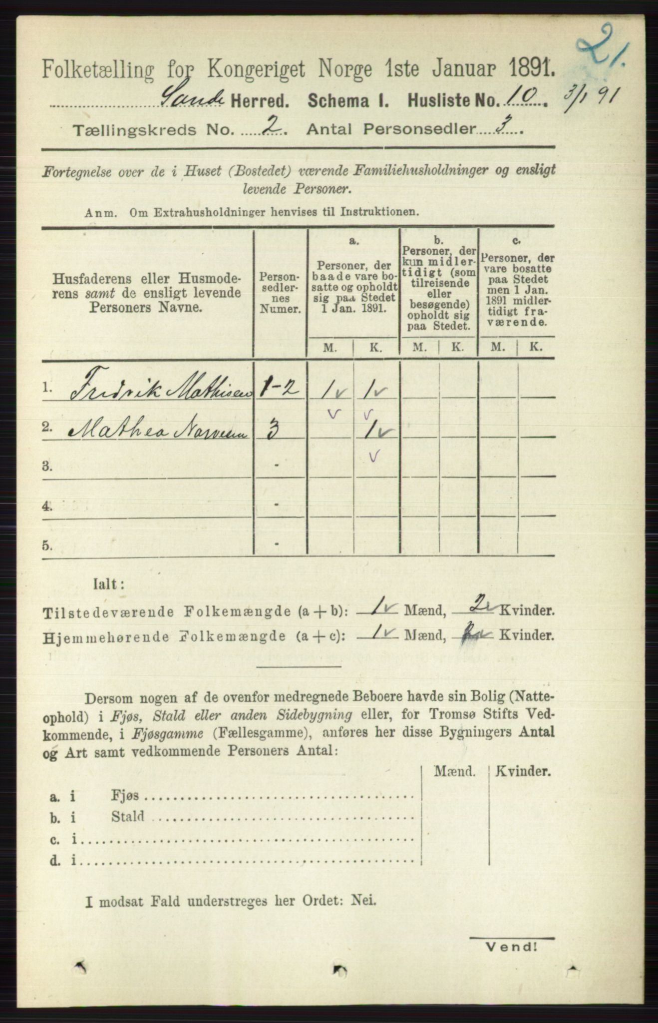 RA, 1891 census for 0713 Sande, 1891, p. 478