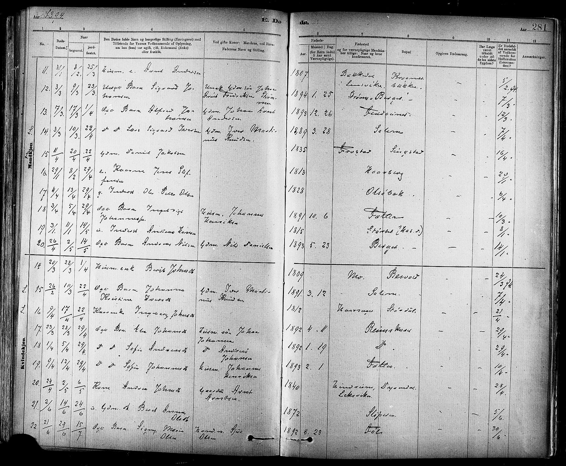 Ministerialprotokoller, klokkerbøker og fødselsregistre - Sør-Trøndelag, SAT/A-1456/647/L0634: Parish register (official) no. 647A01, 1885-1896, p. 281