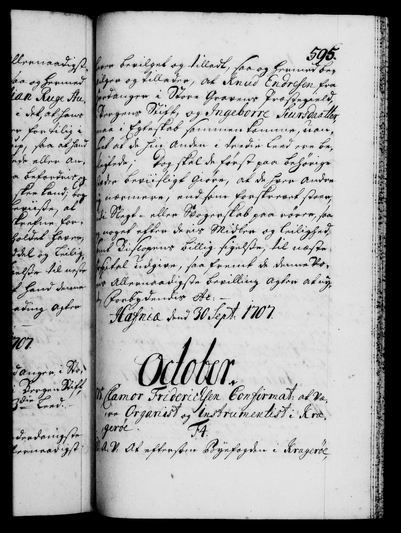 Danske Kanselli 1572-1799, AV/RA-EA-3023/F/Fc/Fca/Fcaa/L0019: Norske registre, 1704-1707, p. 595a