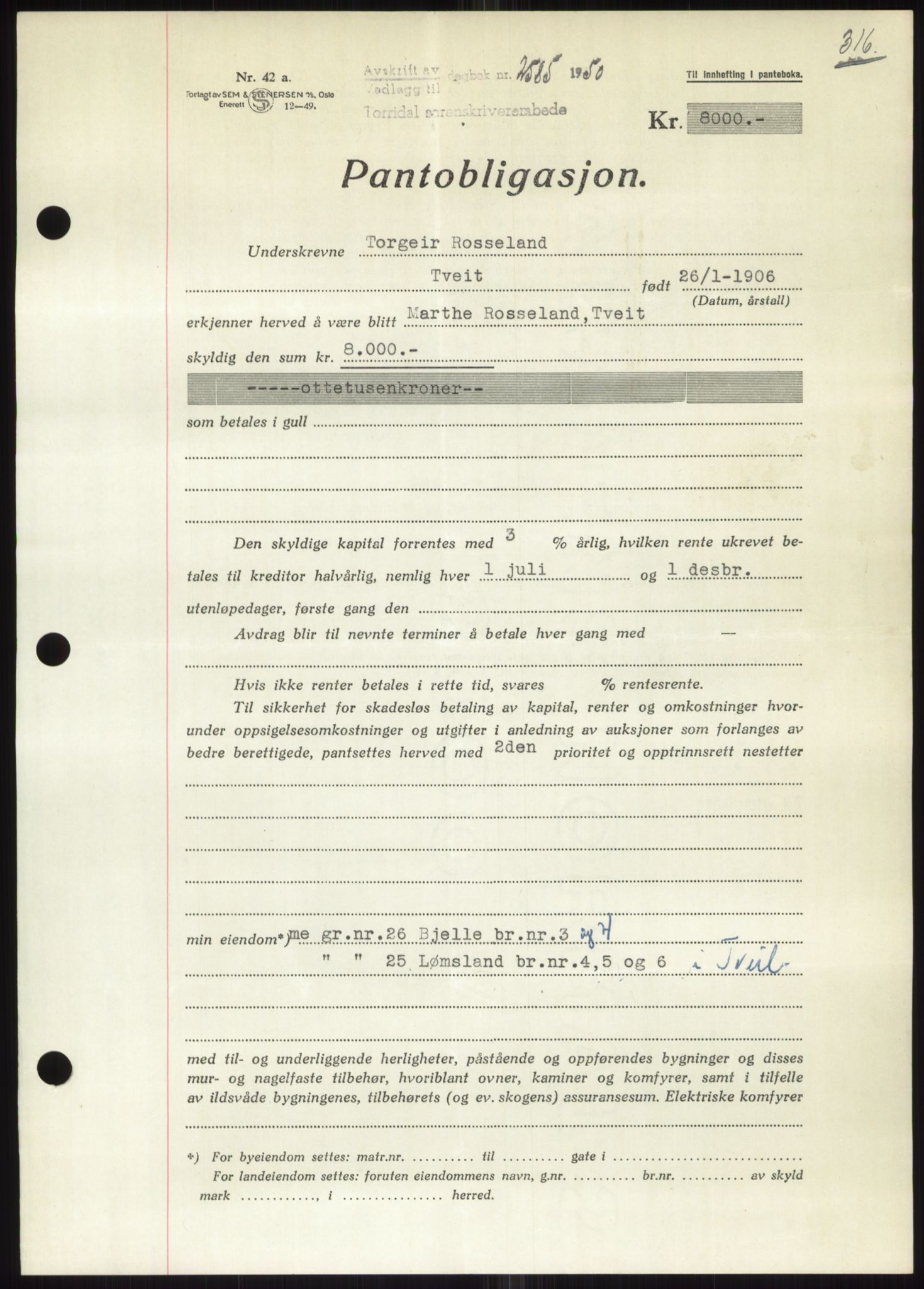 Torridal sorenskriveri, SAK/1221-0012/G/Gb/Gbb/L0020: Mortgage book no. 63B, 1950-1950, Diary no: : 2585/1950