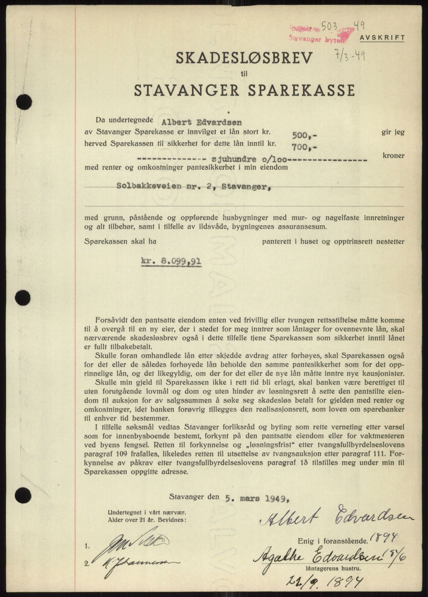 Stavanger byrett, SAST/A-100455/002/G/Gb/L0032: Mortgage book, 1947-1950, Diary no: : 503/1949