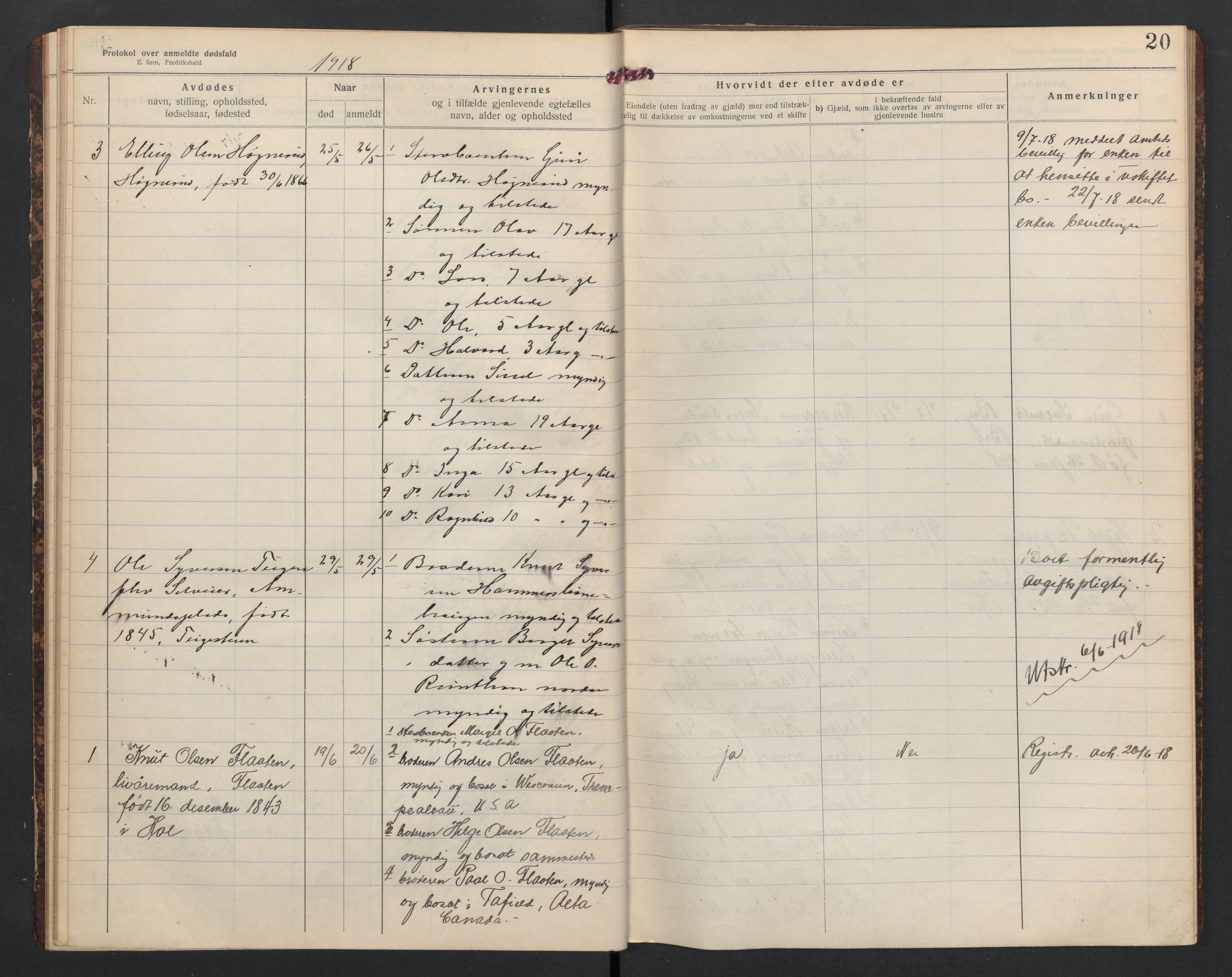 Hol lensmannskontor, AV/SAKO-A-512/H/Ha/L0005: Dødsanmeldelsesprotokoll, 1917-1924, p. 20