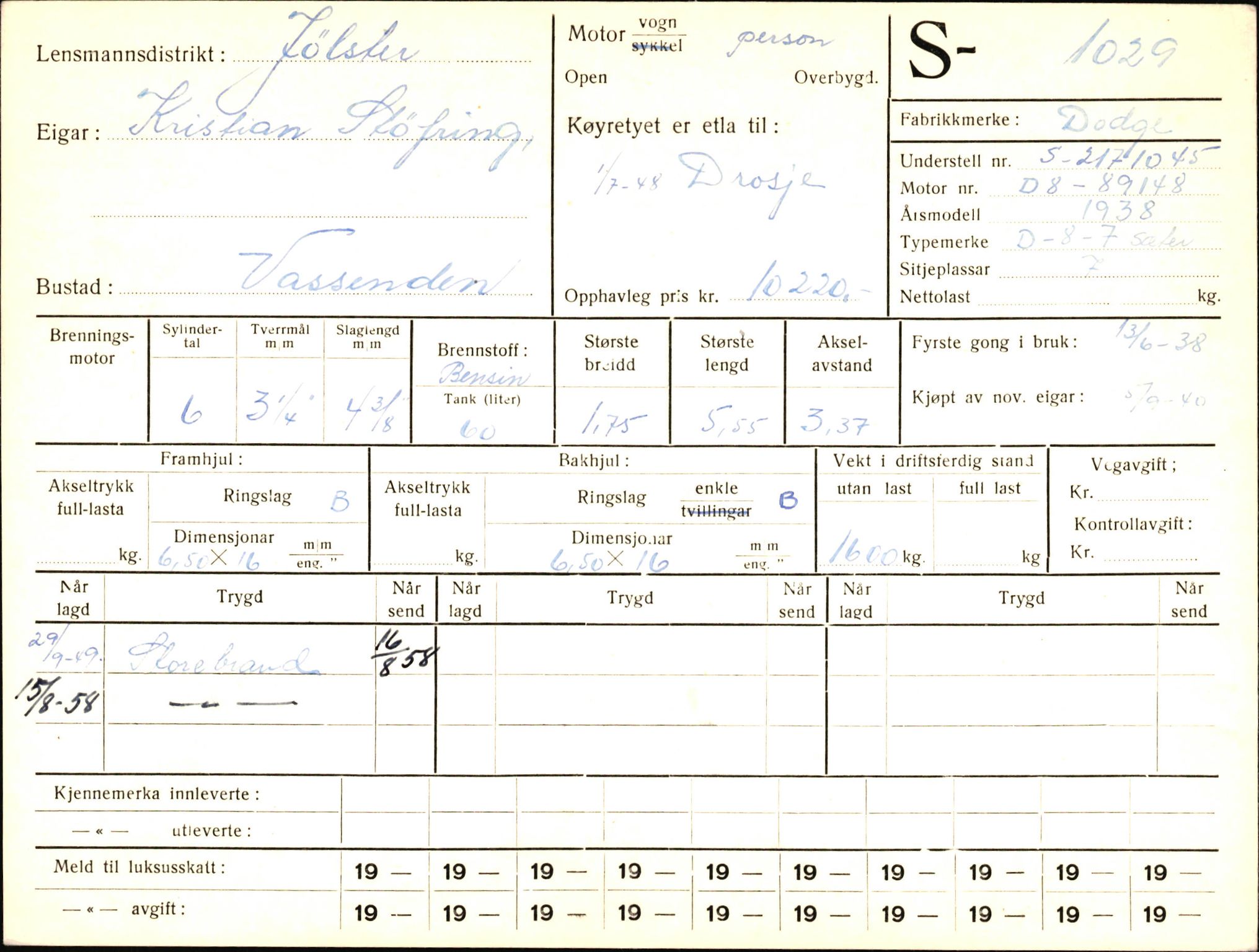 Statens vegvesen, Sogn og Fjordane vegkontor, AV/SAB-A-5301/4/F/L0003: Registerkort utmeldte Fjordane S1000-2499, 1930-1961, p. 52