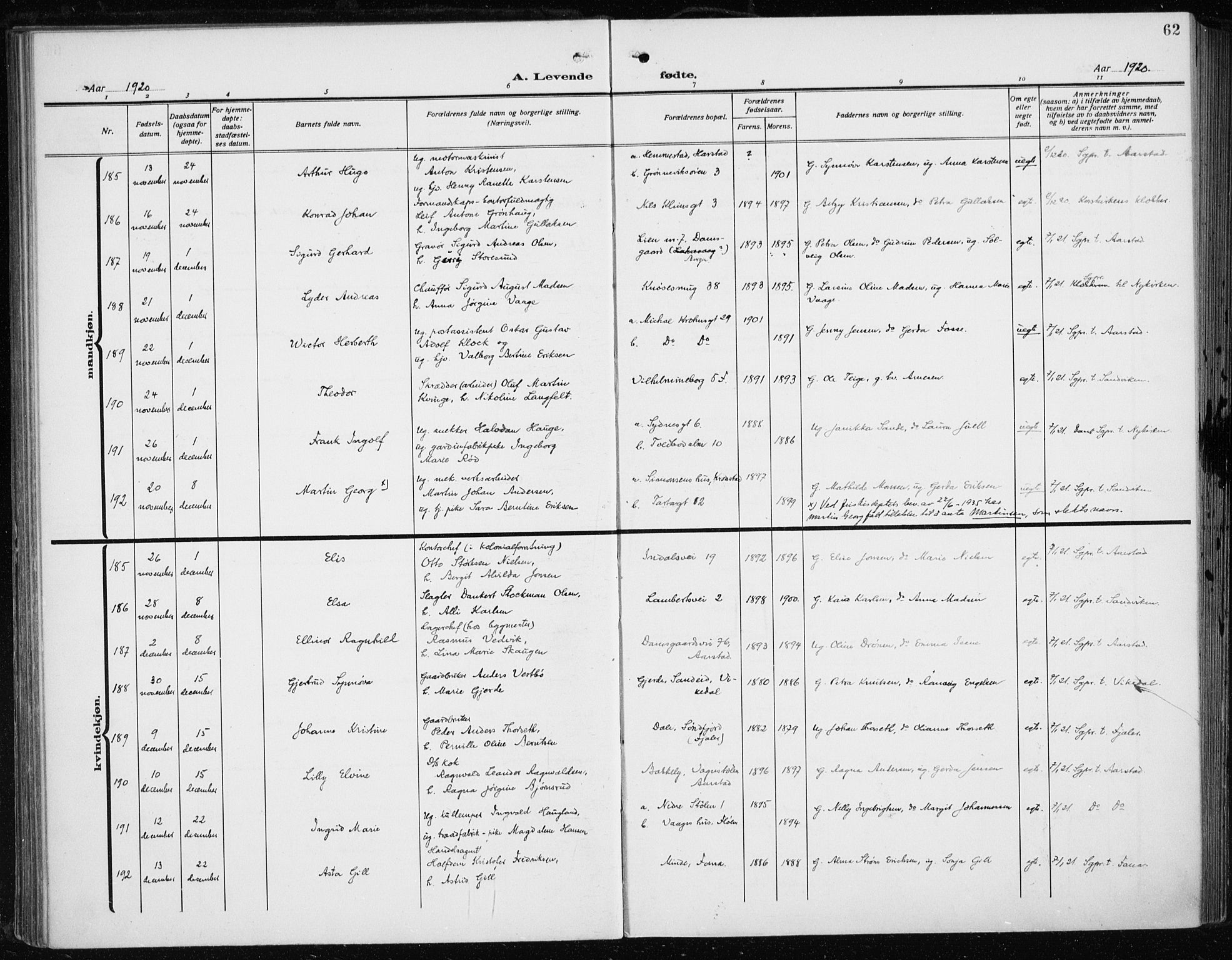 Fødselsstiftelsens sokneprestembete*, SAB/-: Parish register (official) no. A 5, 1918-1926, p. 62