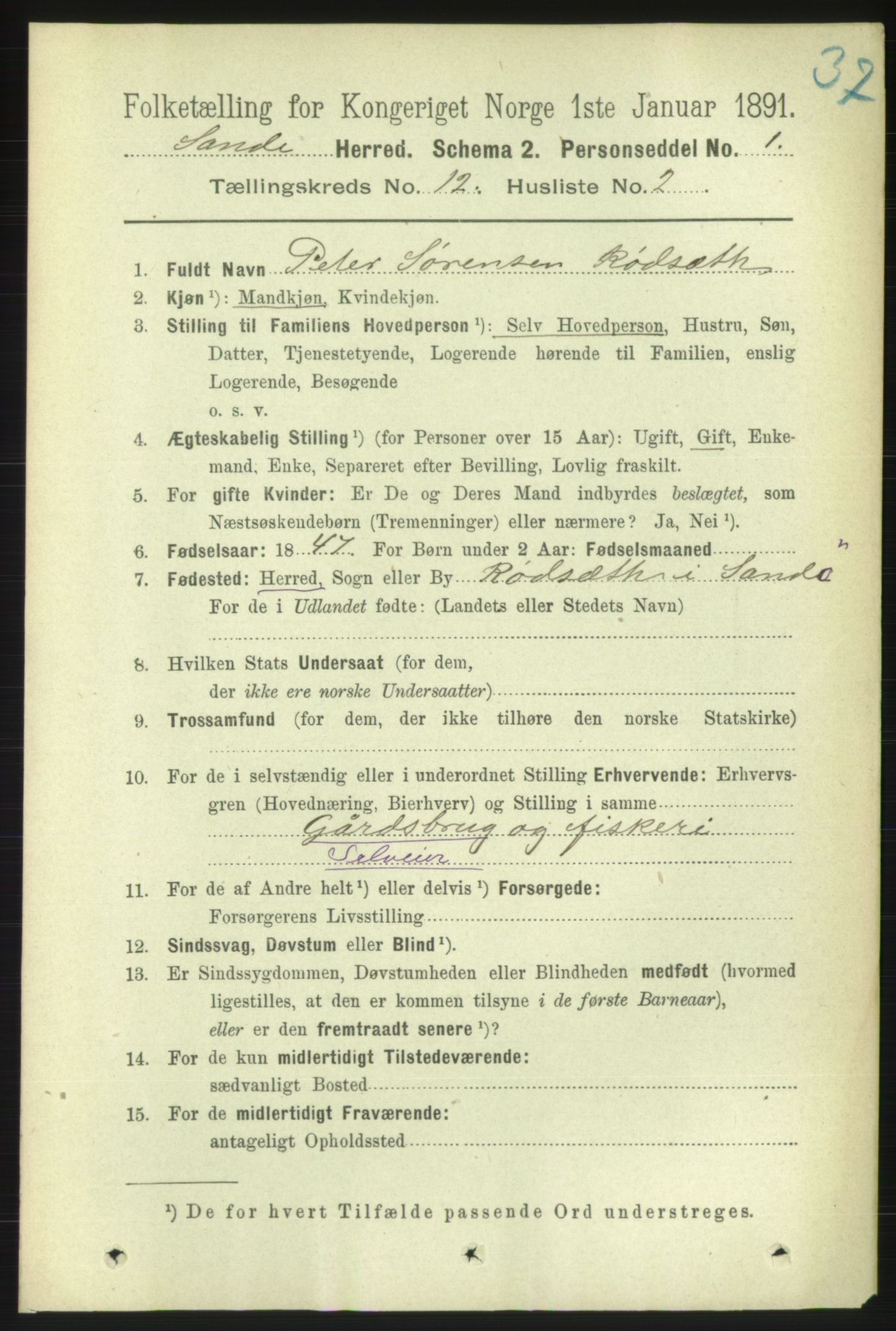 RA, 1891 census for 1514 Sande, 1891, p. 2248