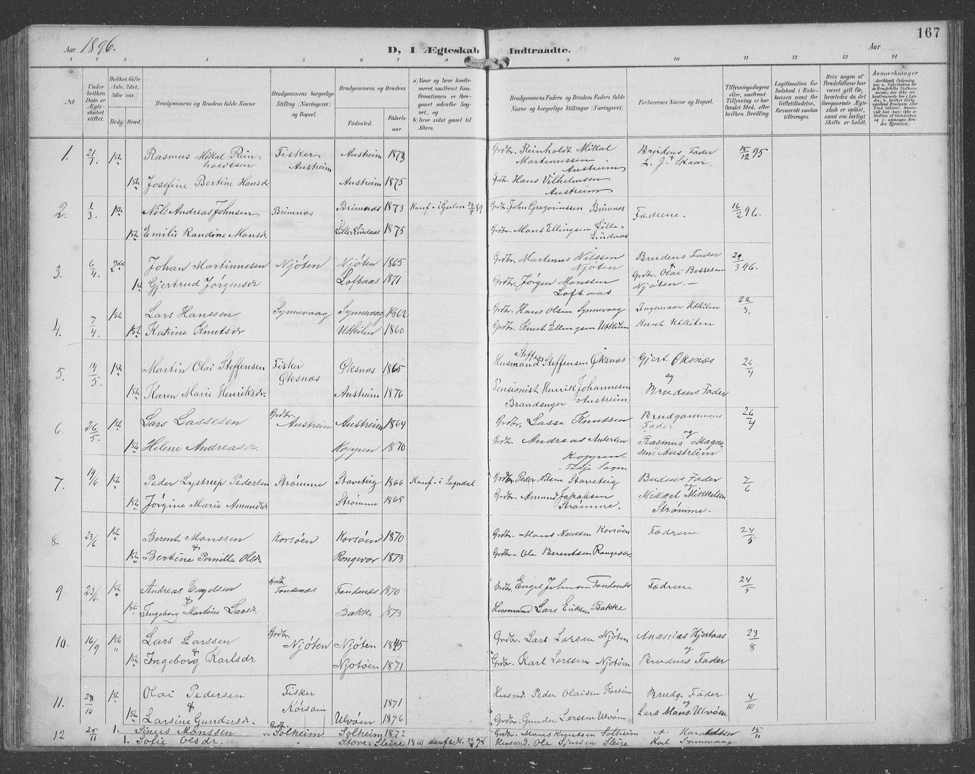 Lindås Sokneprestembete, SAB/A-76701/H/Hab: Parish register (copy) no. C 4, 1894-1910, p. 167