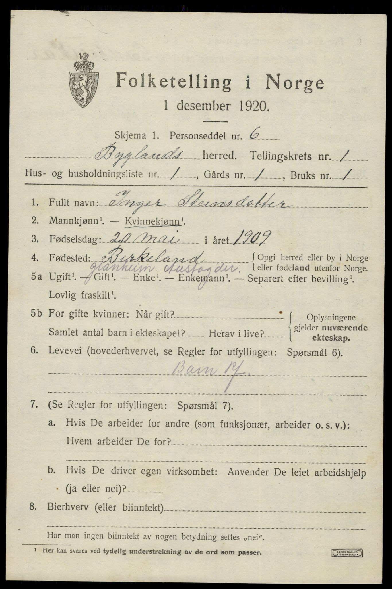 SAK, 1920 census for Bygland, 1920, p. 907