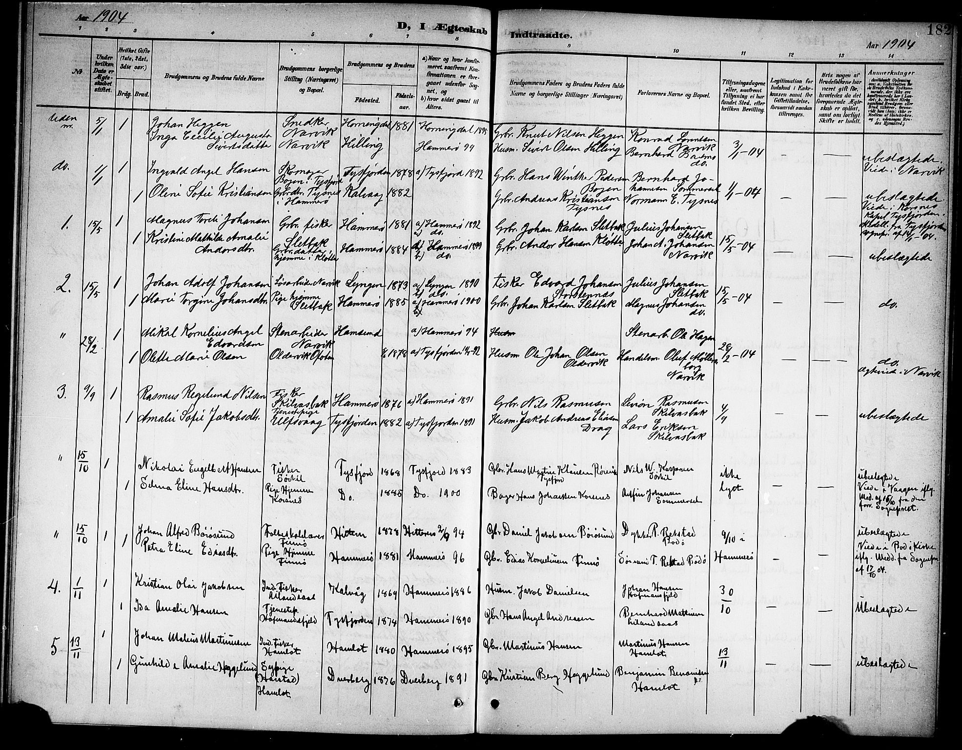 Ministerialprotokoller, klokkerbøker og fødselsregistre - Nordland, SAT/A-1459/859/L0860: Parish register (copy) no. 859C06, 1899-1909, p. 182