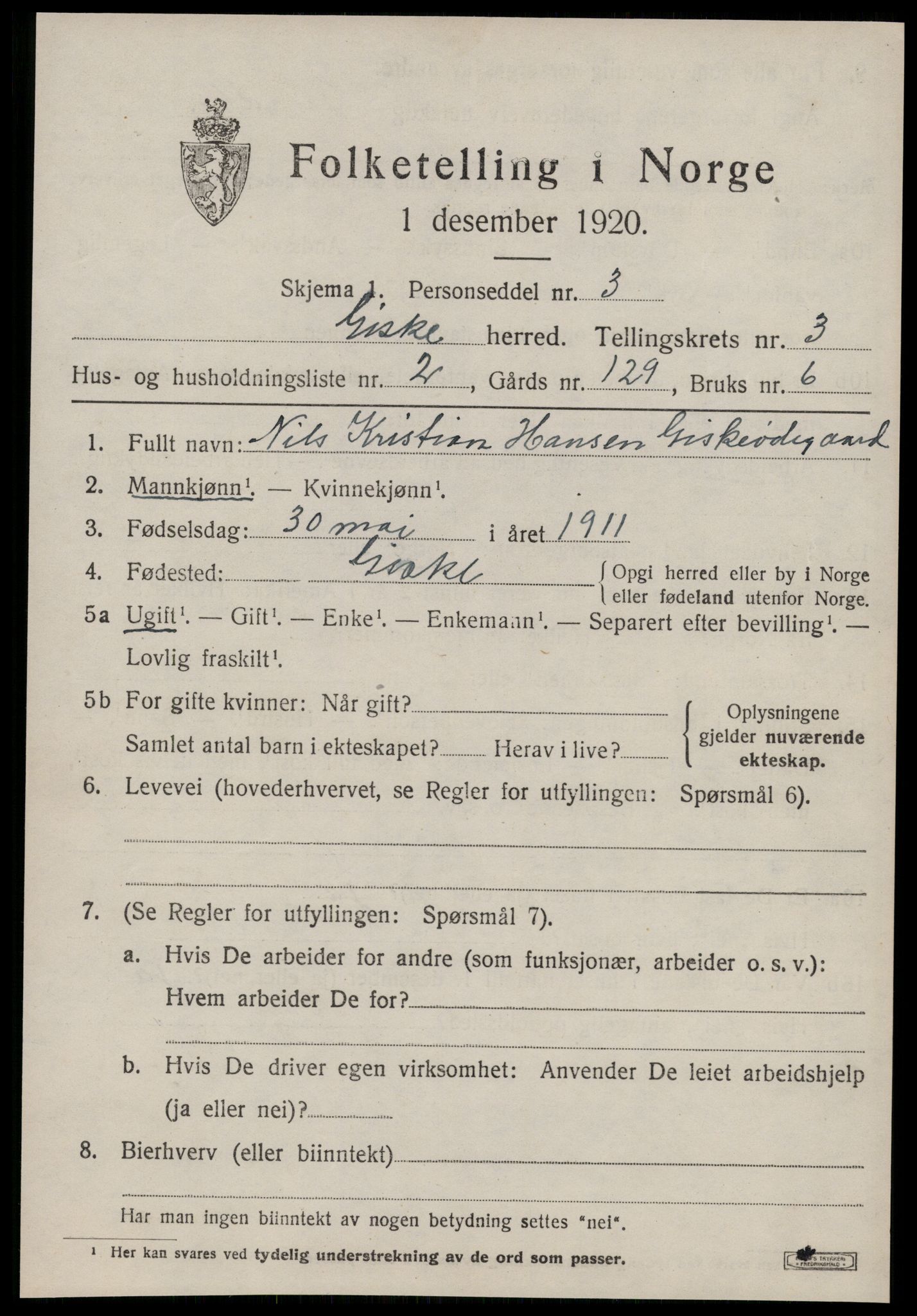 SAT, 1920 census for Giske, 1920, p. 1686