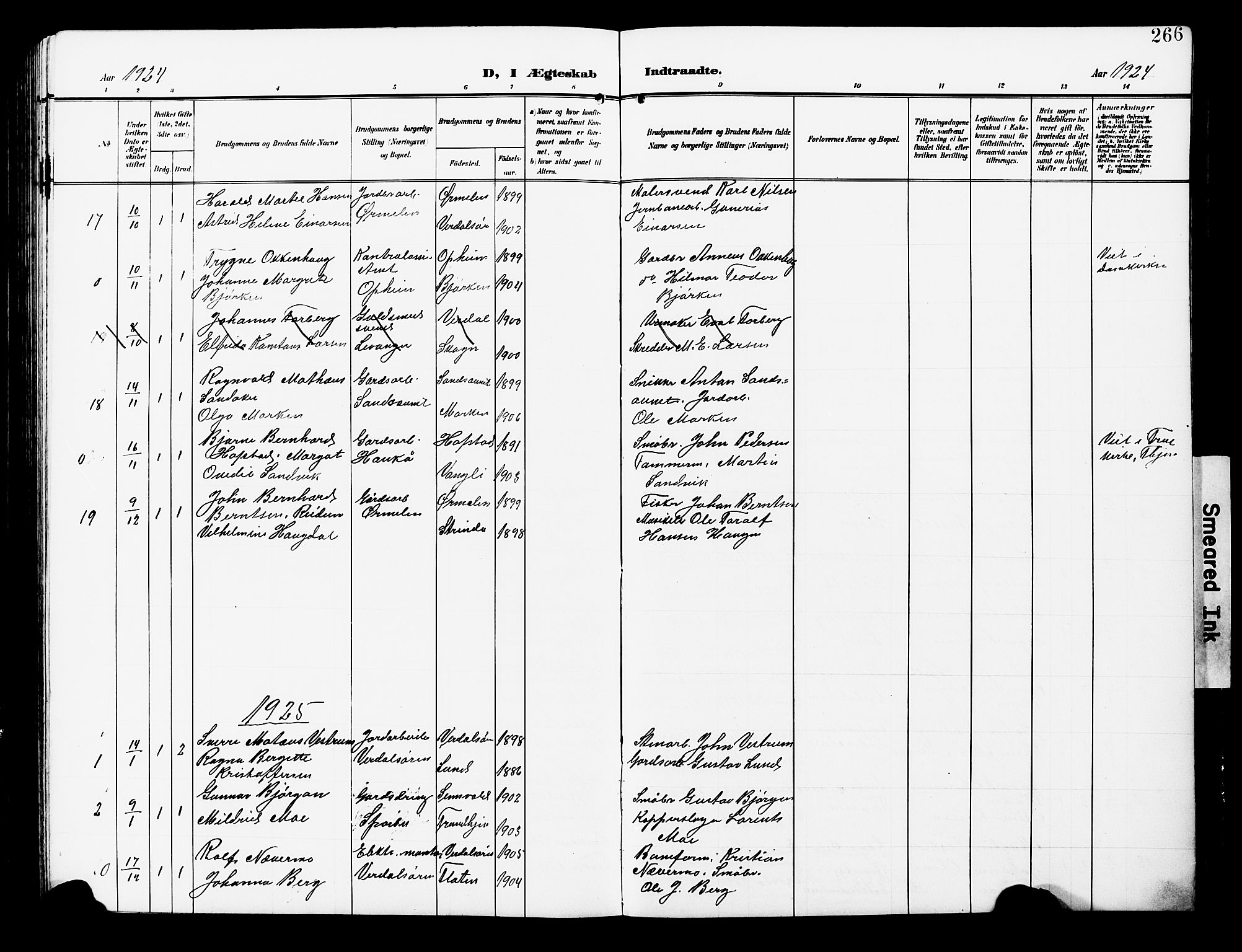 Ministerialprotokoller, klokkerbøker og fødselsregistre - Nord-Trøndelag, AV/SAT-A-1458/723/L0258: Parish register (copy) no. 723C06, 1908-1927, p. 266