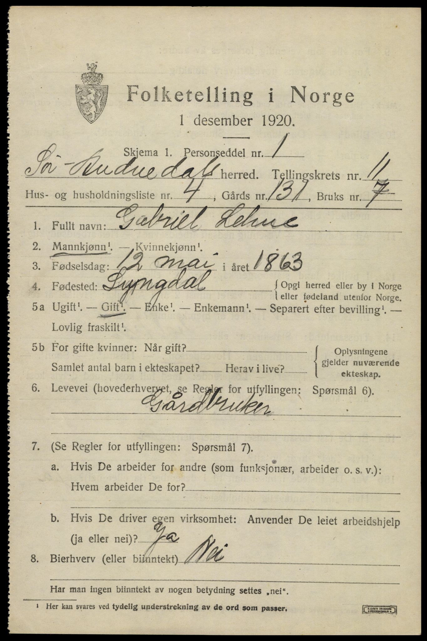 SAK, 1920 census for Sør-Audnedal, 1920, p. 4277