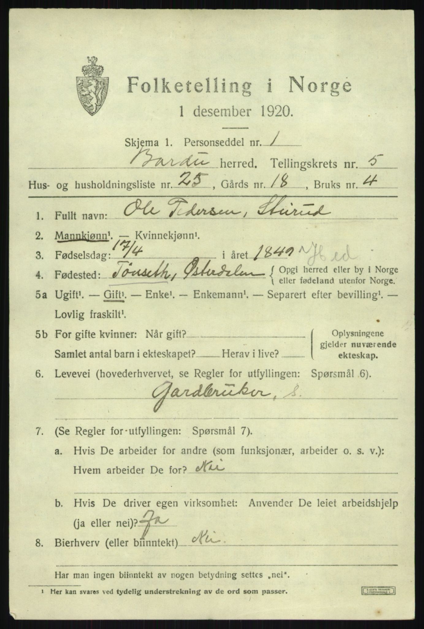 SATØ, 1920 census for Bardu, 1920, p. 2462