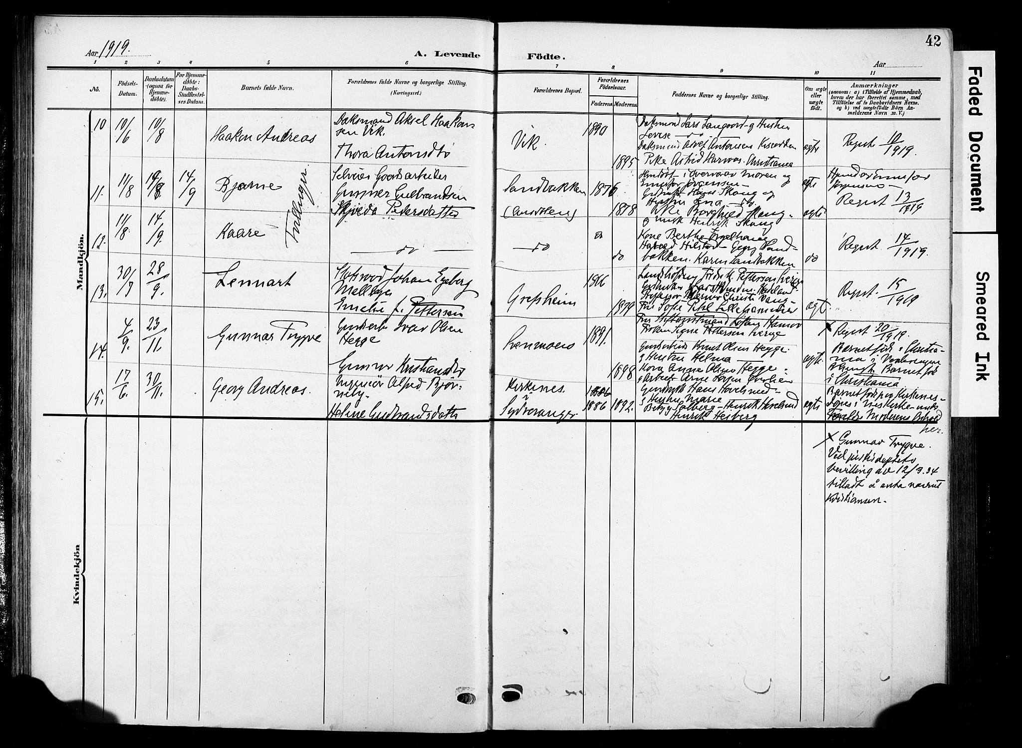 Nes prestekontor, Hedmark, SAH/PREST-020/K/Ka/L0014: Parish register (official) no. 14, 1906-1929, p. 42