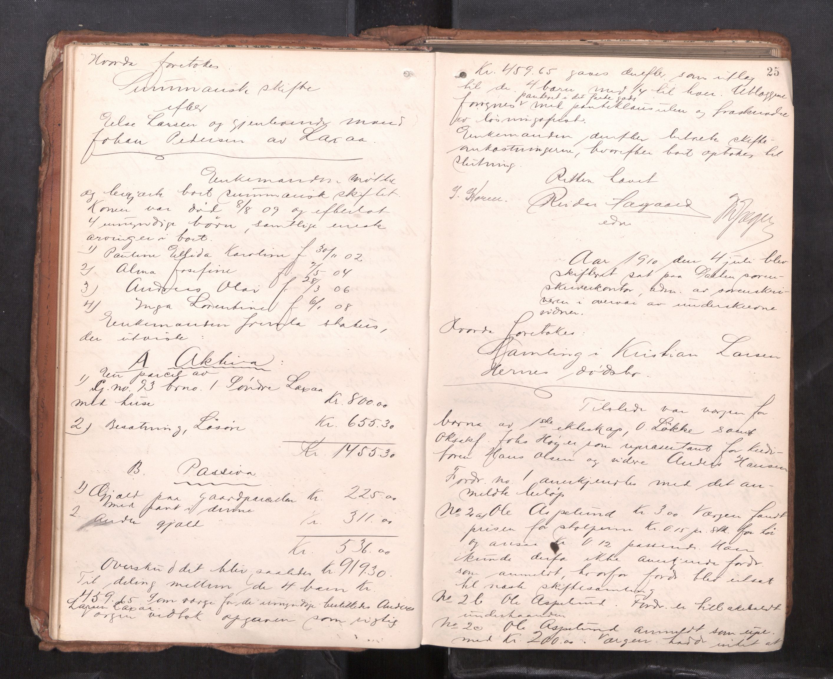 Salten sorenskriveri, AV/SAT-A-4578/1/3/3B/L0012: Skiftebehandlingsprotokoll, 1910-1915, p. 25