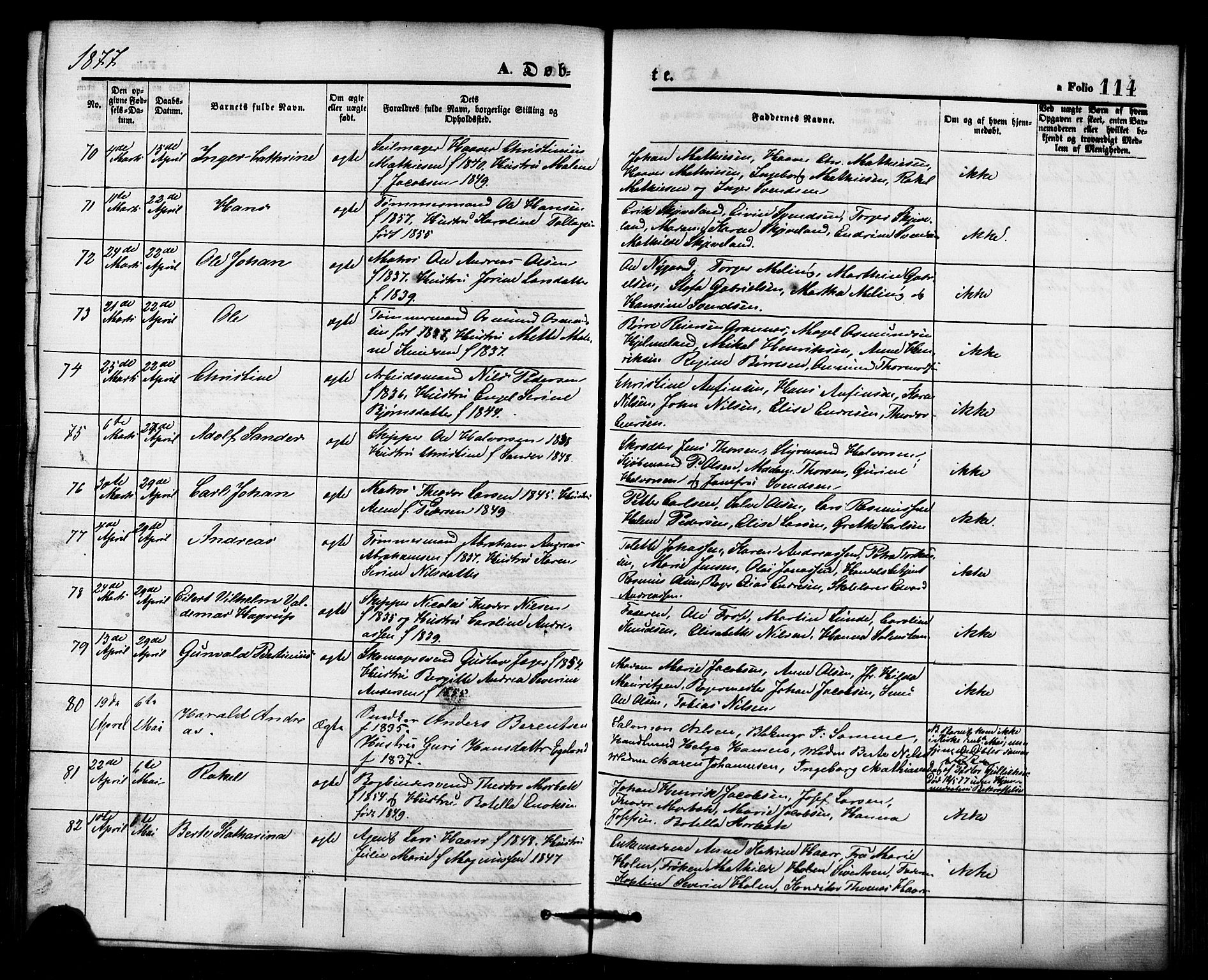 Domkirken sokneprestkontor, AV/SAST-A-101812/001/30/30BB/L0013: Parish register (copy) no. B 13, 1871-1880, p. 114