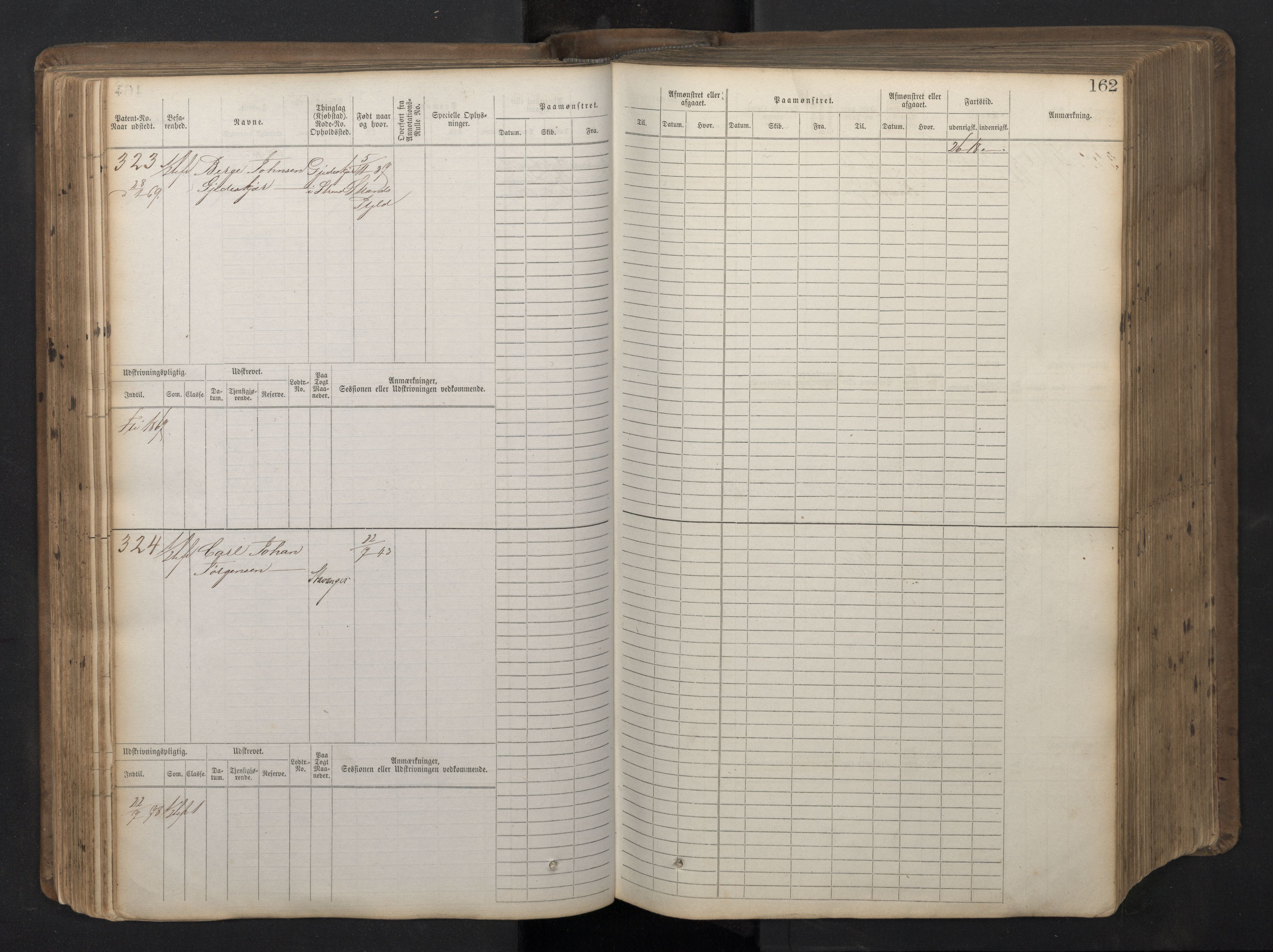 Stavanger sjømannskontor, AV/SAST-A-102006/F/Fb/Fbb/L0016: Sjøfartshovedrulle patnentnr. 1-1202 (dublett), 1869, p. 162