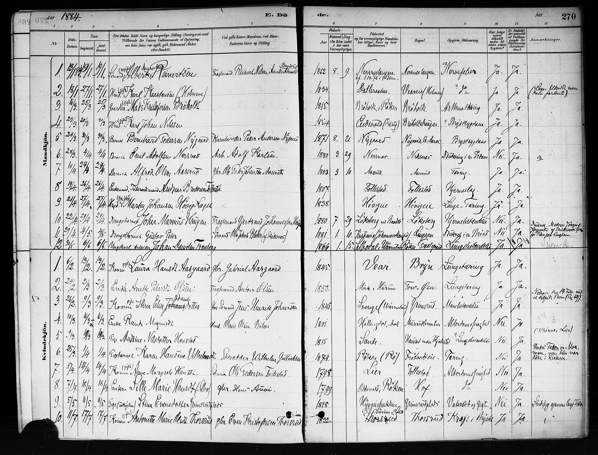 Røyken kirkebøker, AV/SAKO-A-241/F/Fa/L0008: Parish register (official) no. 8, 1880-1897, p. 270