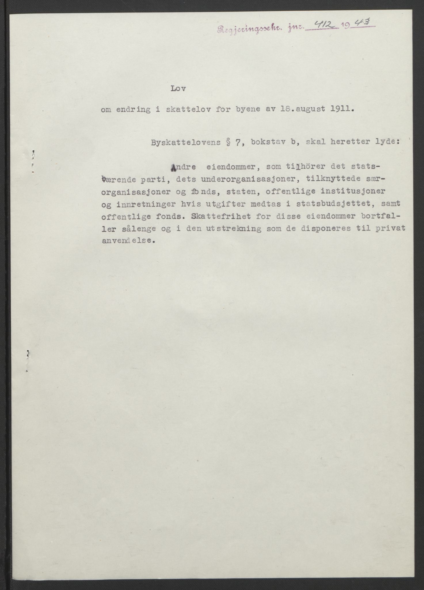 NS-administrasjonen 1940-1945 (Statsrådsekretariatet, de kommisariske statsråder mm), AV/RA-S-4279/D/Db/L0099: Lover, 1943, p. 785