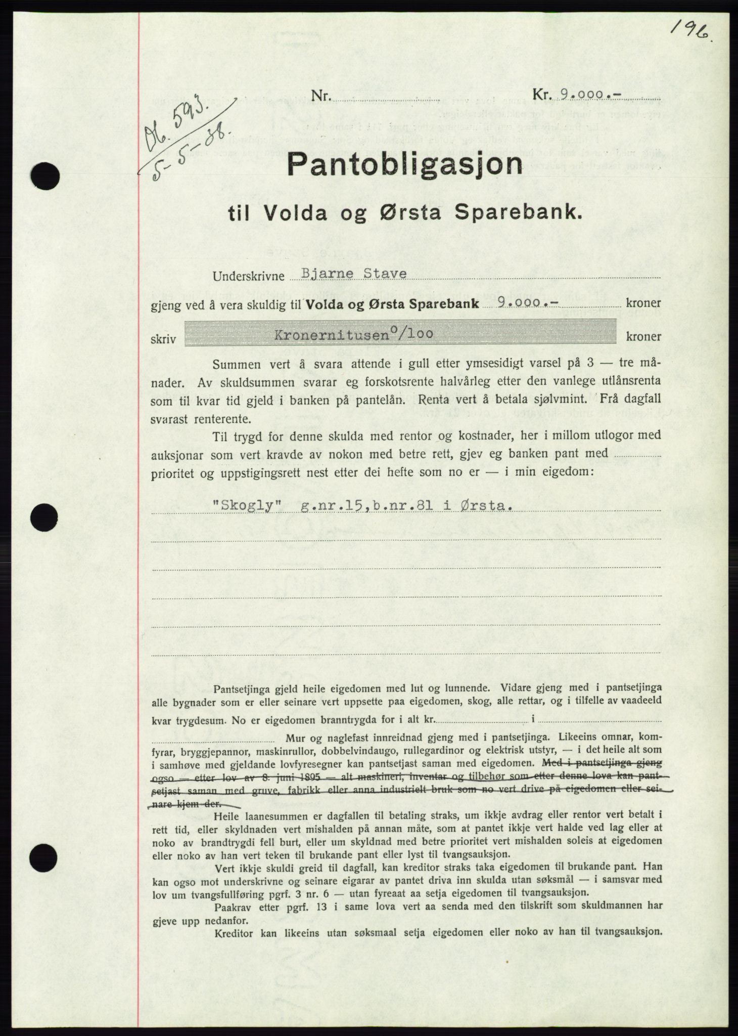 Søre Sunnmøre sorenskriveri, AV/SAT-A-4122/1/2/2C/L0065: Mortgage book no. 59, 1938-1938, Diary no: : 593/1938