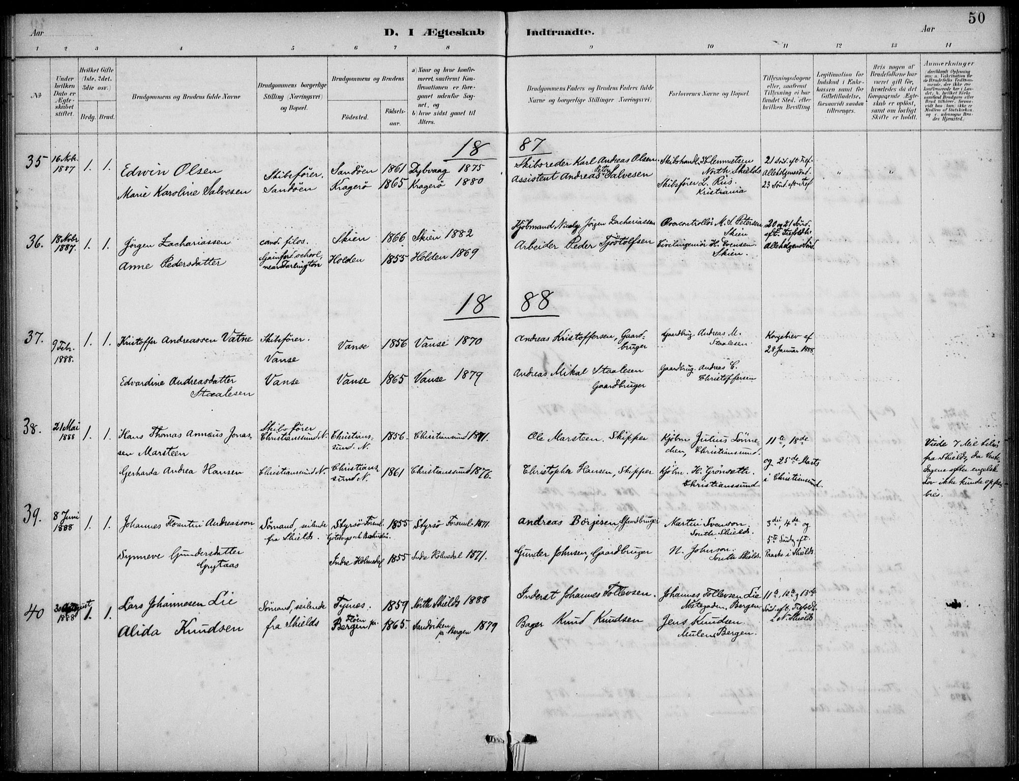 Den norske sjømannsmisjon i utlandet/Tyne-havnene (North Shields og New Castle), SAB/SAB/PA-0101/H/Ha/L0002: Parish register (official) no. A 2, 1883-1938, p. 50