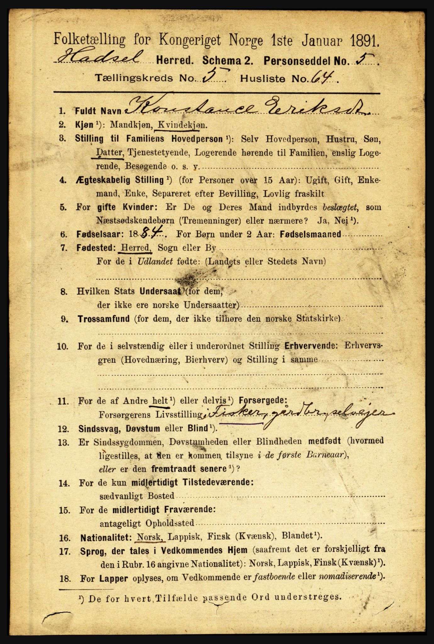 RA, 1891 census for 1866 Hadsel, 1891, p. 2567